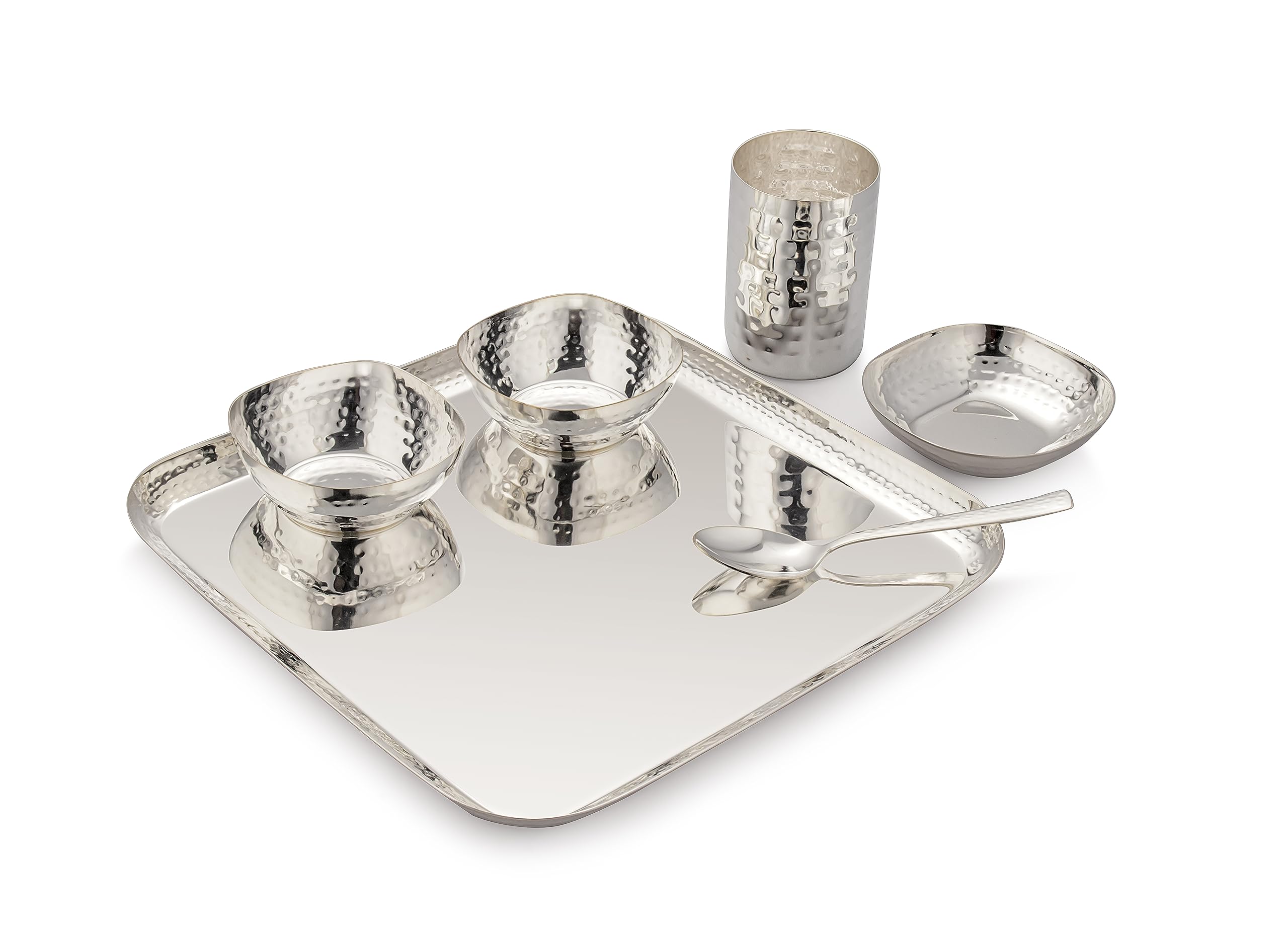 Silverglow Square Hammered Steel Dinner Set, Silver Plated Luxury dinnerware Set of 6 pcs, Diwali Wedding Return Gift,Hotel/Restaurant Pure-Silver thali Set Original