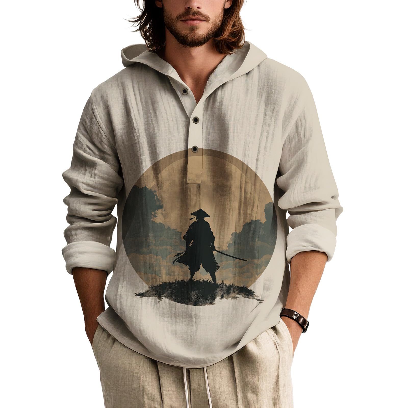 Mens Long Sleeve Hooded Button Down Shirt Relaxed Fit Lightweight Botanical Print Beach Vacation Top