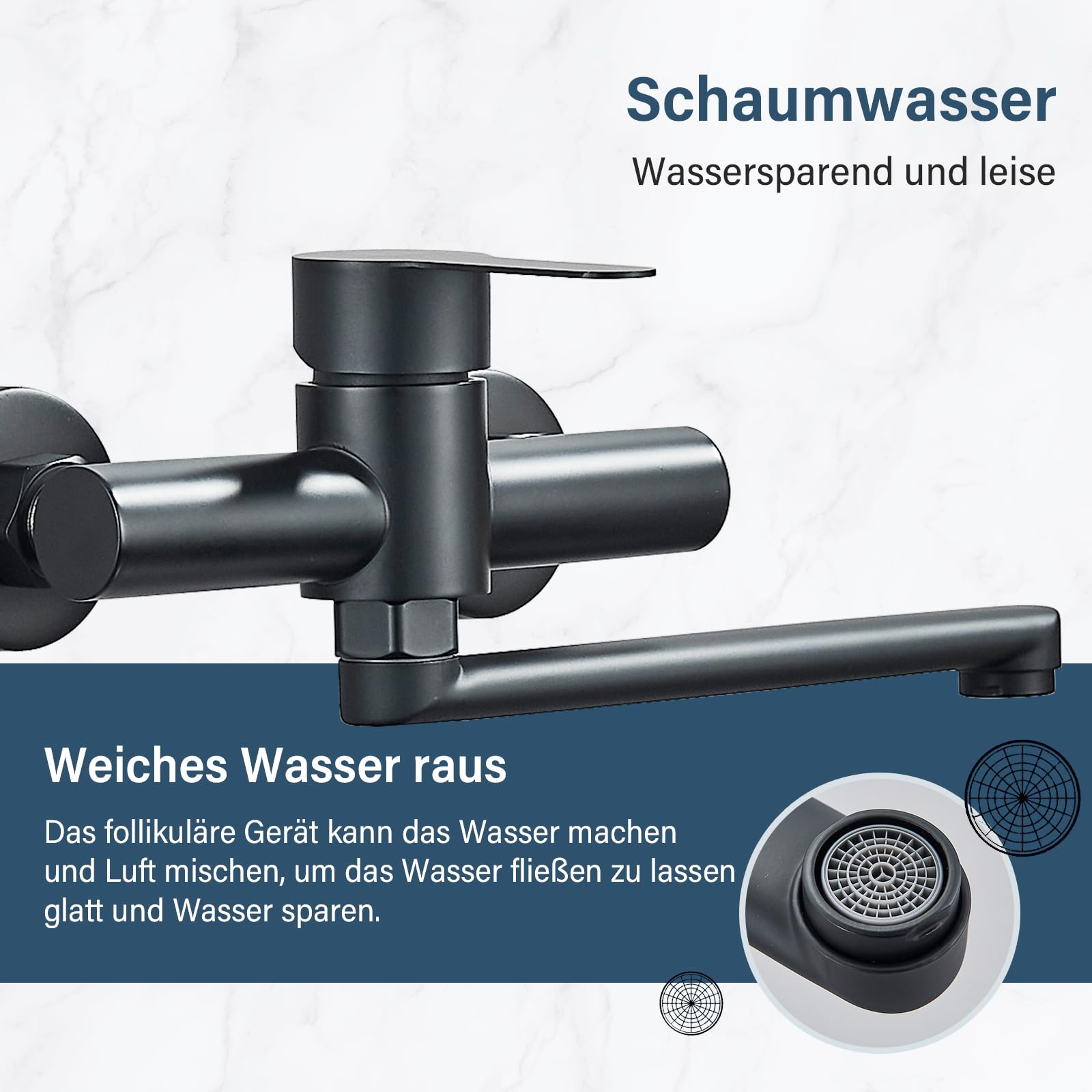 Rozin Küchenarmatur Wandmontage Wasserhahn Küche Messing 360° Schwenkbar Schwarz