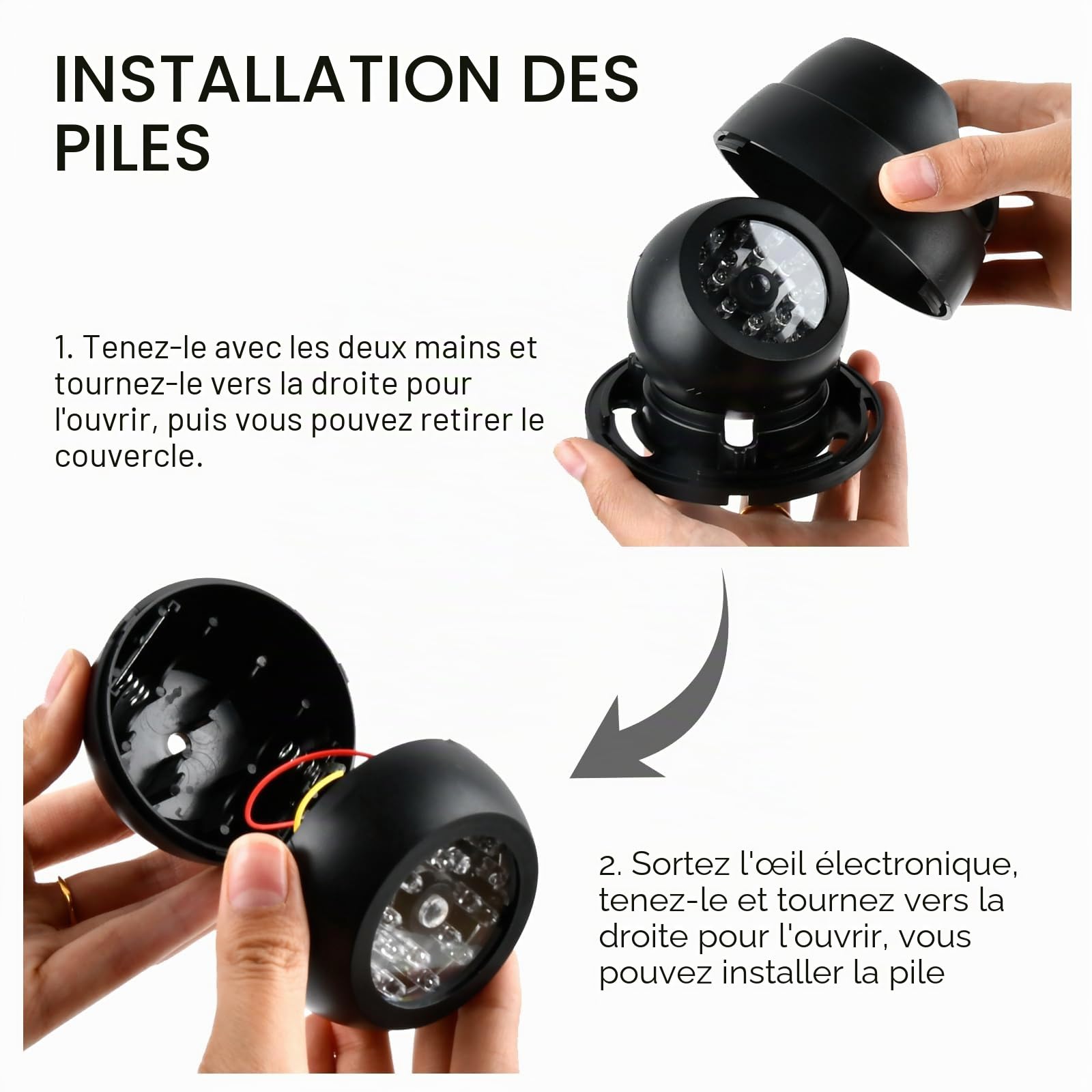 2pcs Caméras Factices de Surveillance CCTV, Fausse Caméra de Sécurité Factice avec Lumière Led Clignotante, Caméra Surveillance Factice Étanche pour Extérieur Intérieur avec 2 Panneaux de CCTV + Vis