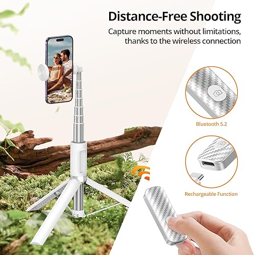 Miniatura 2 de ATUMTEK Trípode selfie stick de 55 pulgadas, trípode extensible todo en uno para teléfono con control remoto Bluetooth recargable para iPhone,