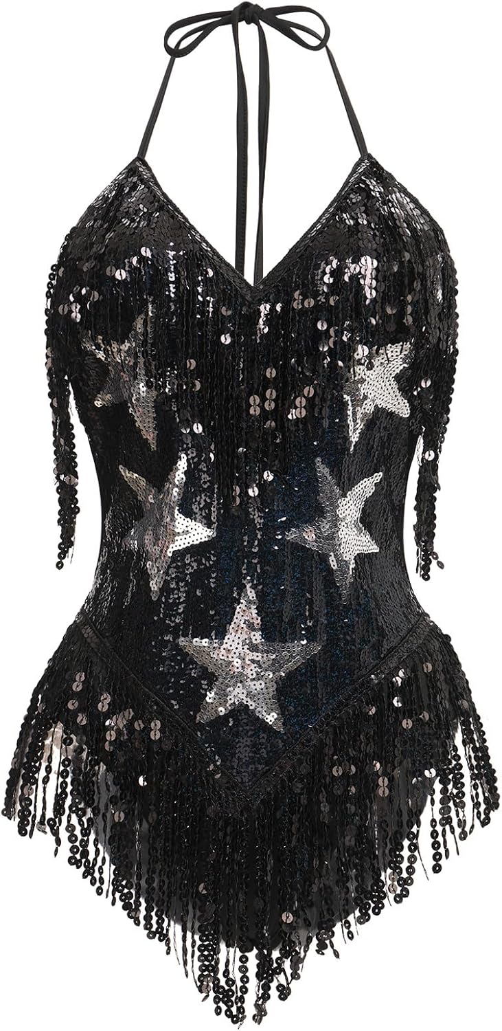 IWEMEK Sequin Sparkle Stars Fringes Bodysuit Leotard Rave Outfit for Women Music Festival Latin Dance Tassel Fringe Romper - Image 2
