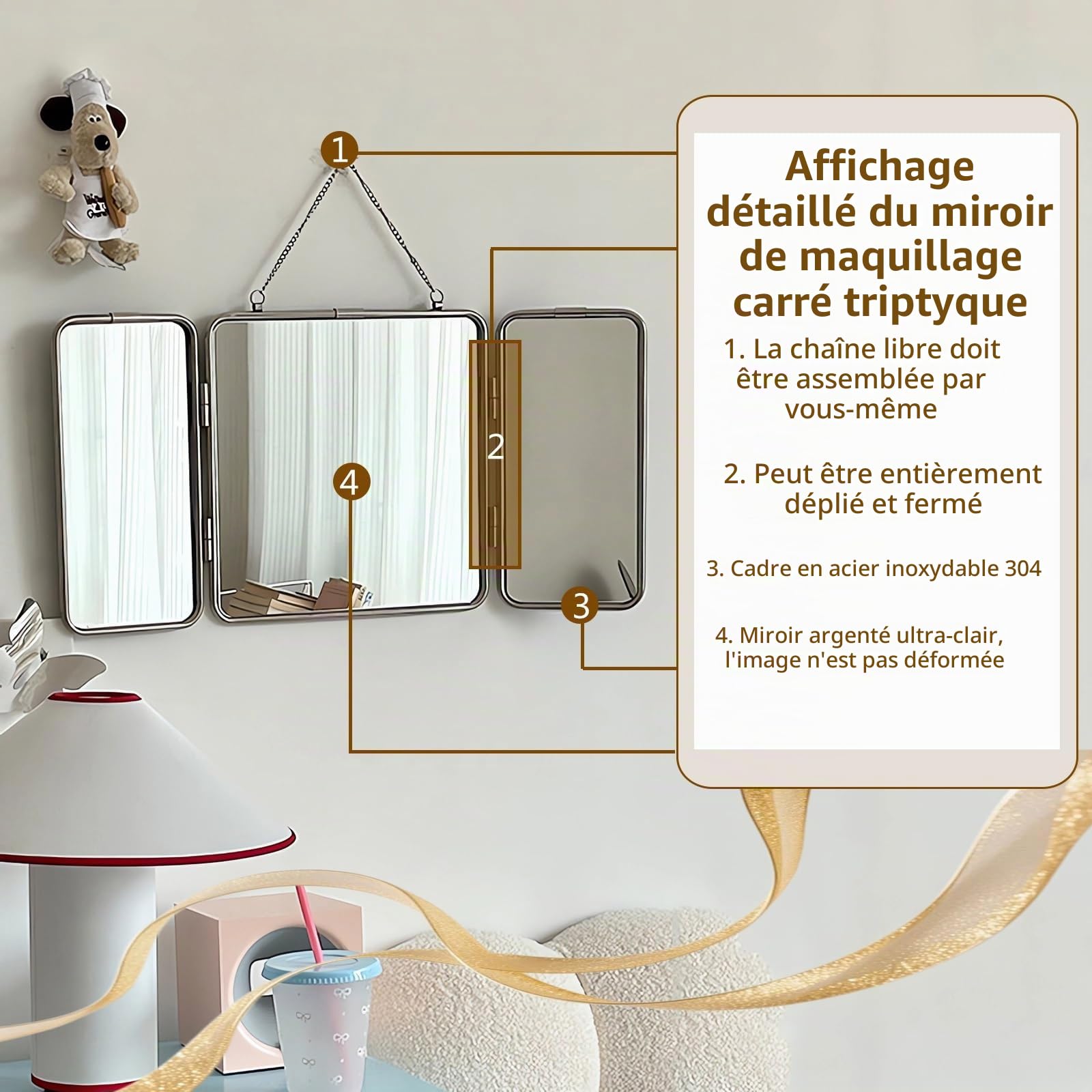 Miroir De Maquillage Carré À Trois Volets, Miroir Mural avec Cadre en Acier Inoxydable 304, Miroir Décoratif HD 30 * 60 Cm, pour Salle De Bain, Chambre