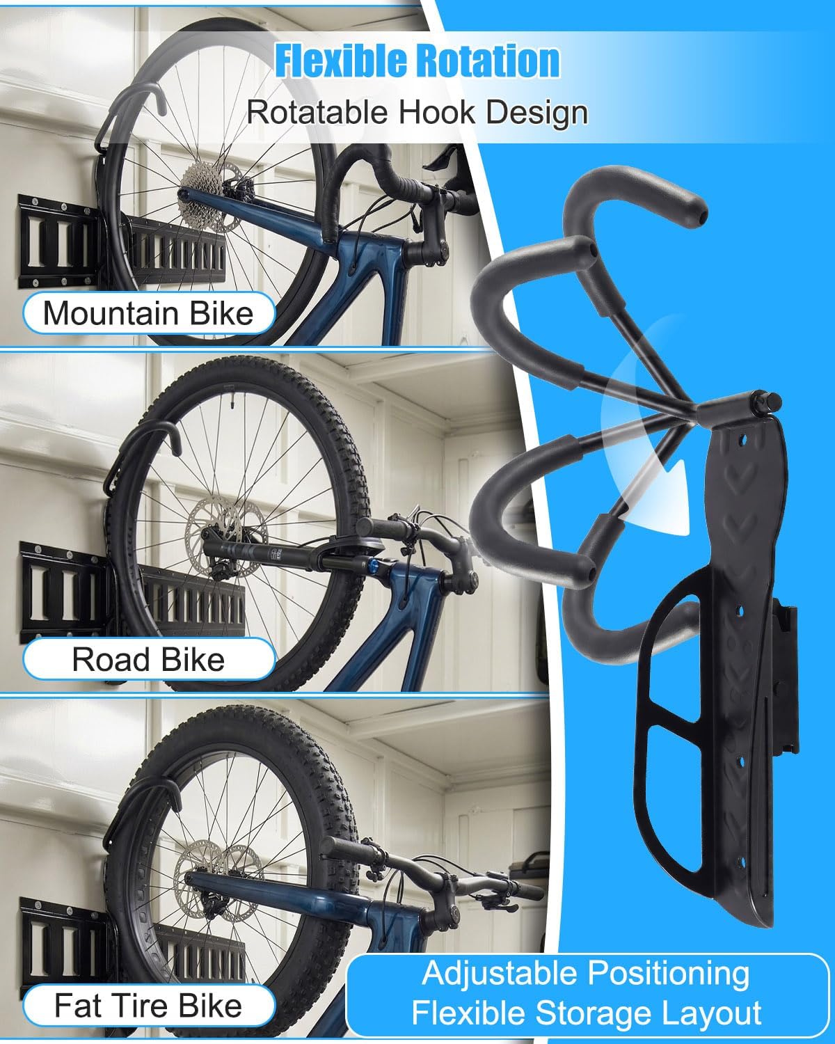 E Track Bike Wall Mount for Garage Organization | Heavy Duty Steel Bicycle Hook, Rotatable Rubber Coated Hanger Compatible with E-Track Rails, 2 Pack
