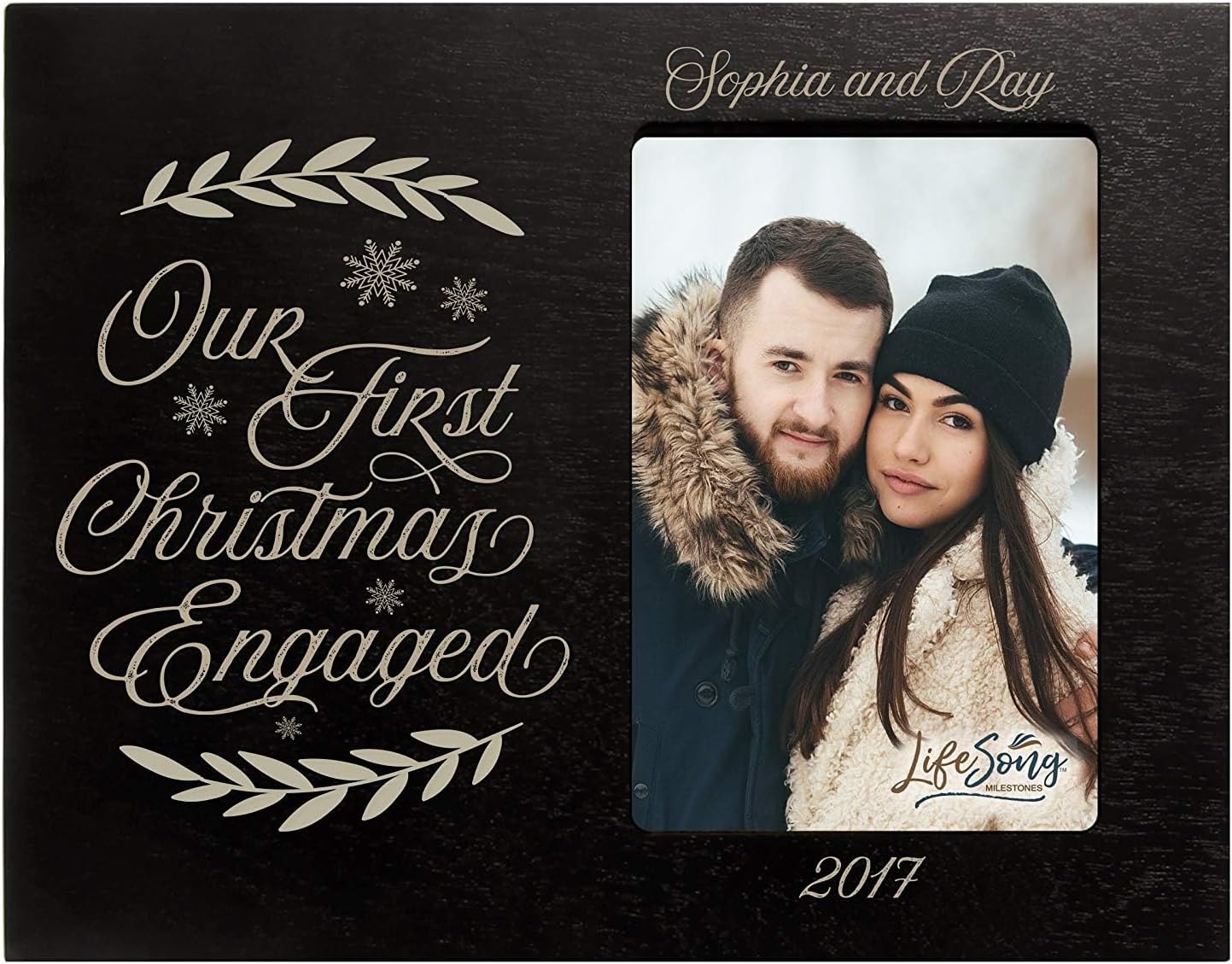 LifeSong Milestones Personalized First Christmas Engaged with Snow Photo Frame Holds 4x6 Photograph Exclusively (Cherry)