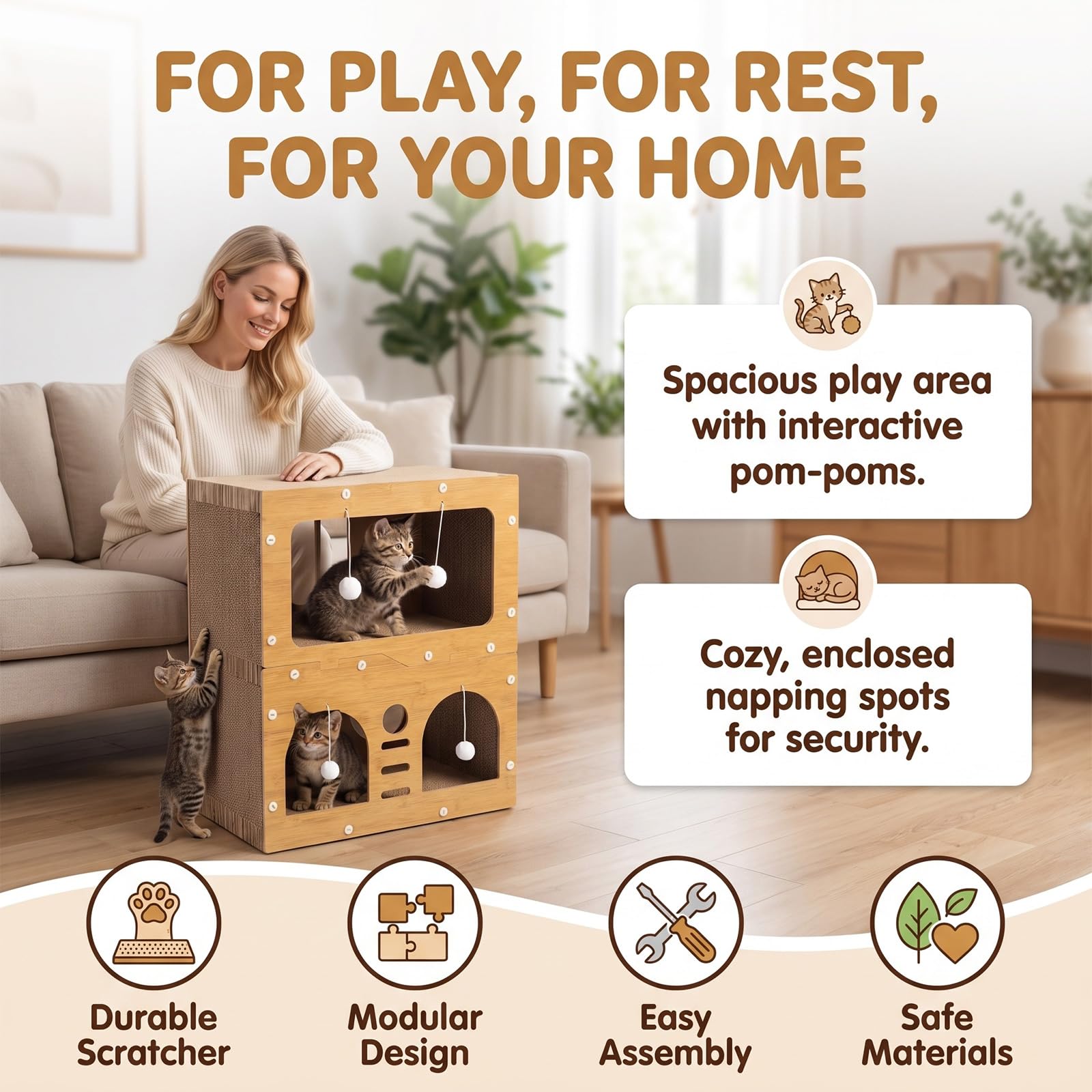 Griffoir pour chat, maison pour chat en carton à 2 étages avec balle suspendue, griffoir pour l'intérieur, grand espace pour chat, meubles pour chats multiples, empêche les dommages aux meubles – 51 x