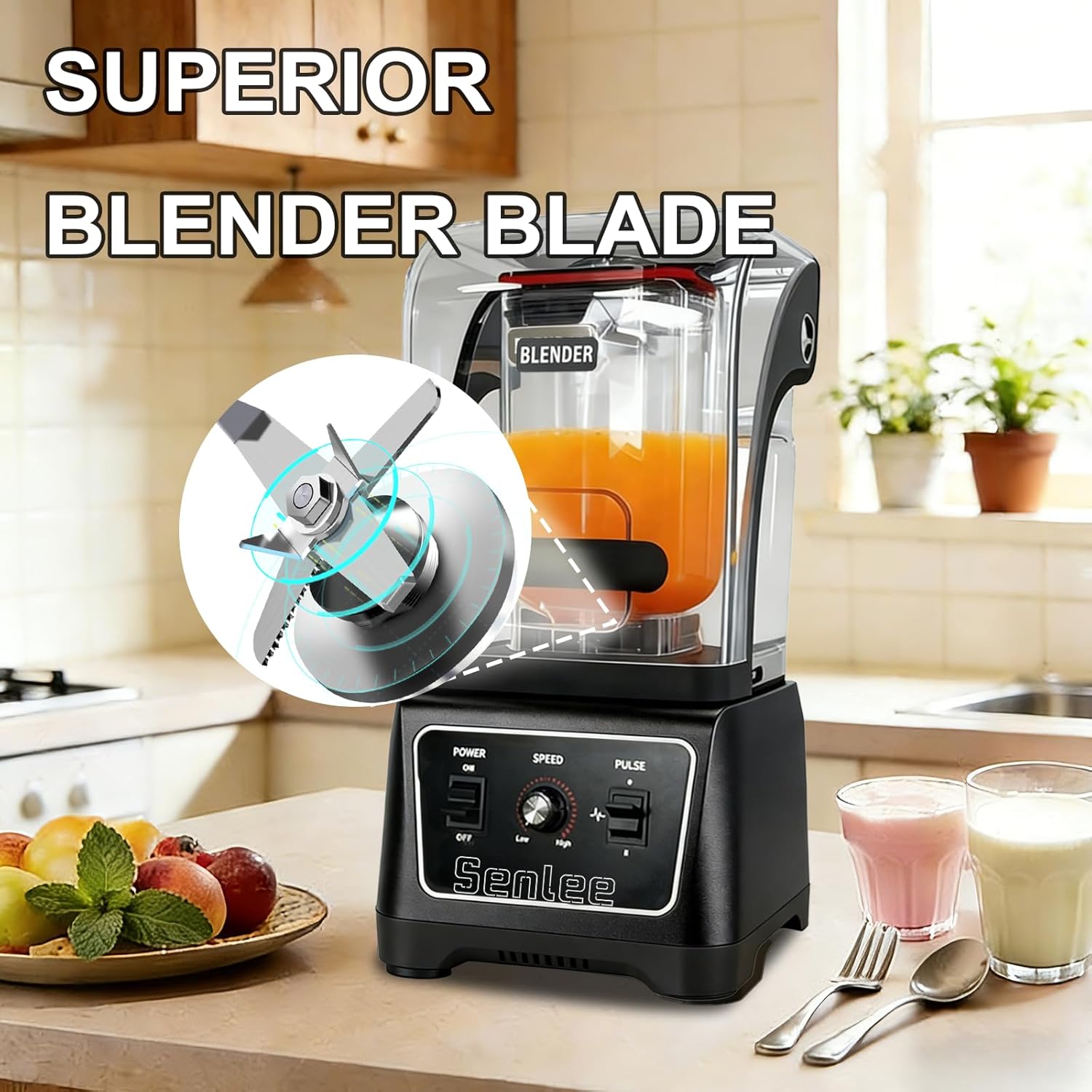 Commercial Blender Heavy Duty 2200W Professional-Grade with 64oz BPA-Free Jar, Quiet Shield, Self-Cleaning, 6-Leaf Stainless Steel Blade for Smoothies, Ice Crush, Shakes - Restaurant & Kitchen Use