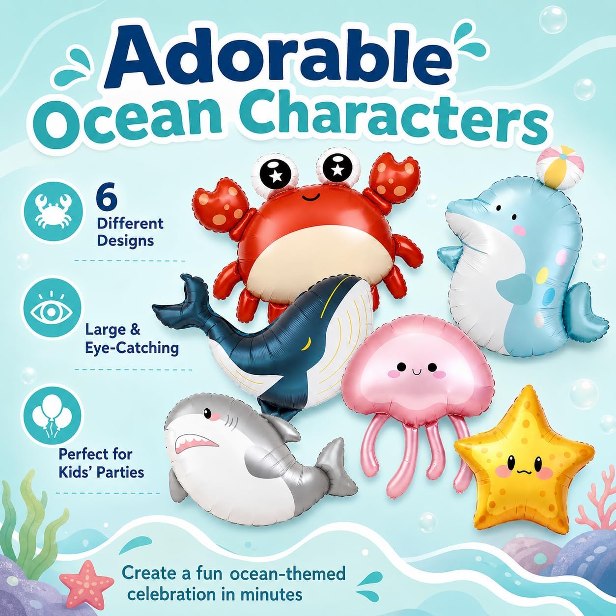 6 Pcs Under The Sea Animal Balloons, Ocean Creature Starfish Shark Blue Whale Jellyfish Crab Dolphins Foil Balloons for Under The Sea Themed Birthday Party Baby Shower Decorations Supplies image 4