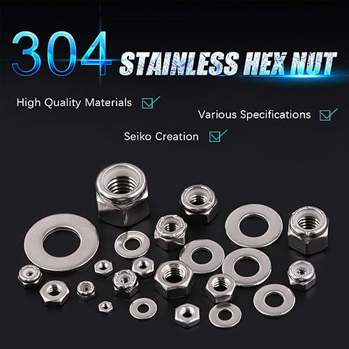 Vista 73 de Swpeet Juego surtido de 132 tuercas de seguridad y tuercas hexagonales SAE 304 de acero inoxidable 2 tipos, tuercas hexagonales de rosca gruesa