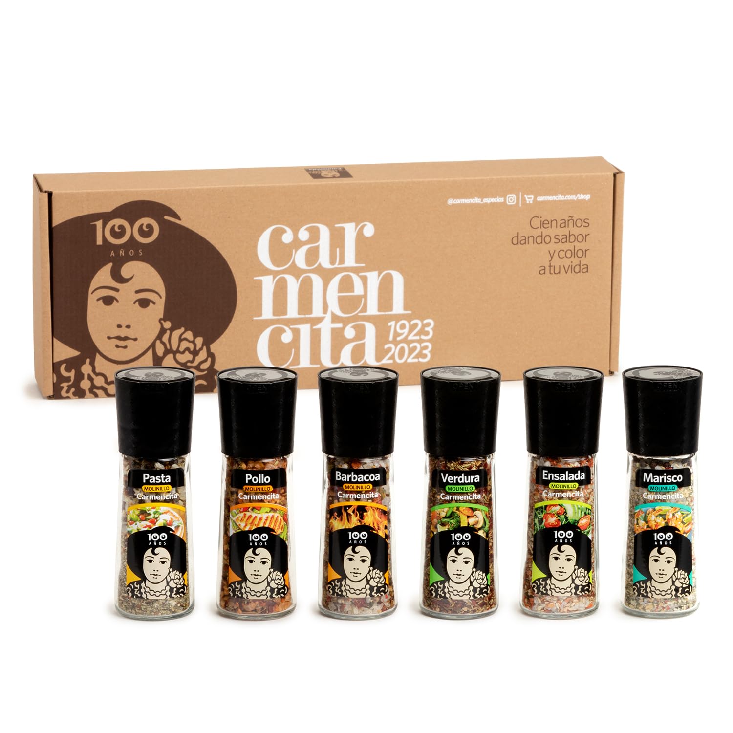 CARMENCITA - Pack Foodie 6 Molinillos de Especias para Cocinar | Sabores recién molidos | Sazonador Barbacoa | Pollo, Cerdo y Pavo | Pasta y Pizza | Verdura y Curry| Pescado y Marisco| Ensalada Vegan