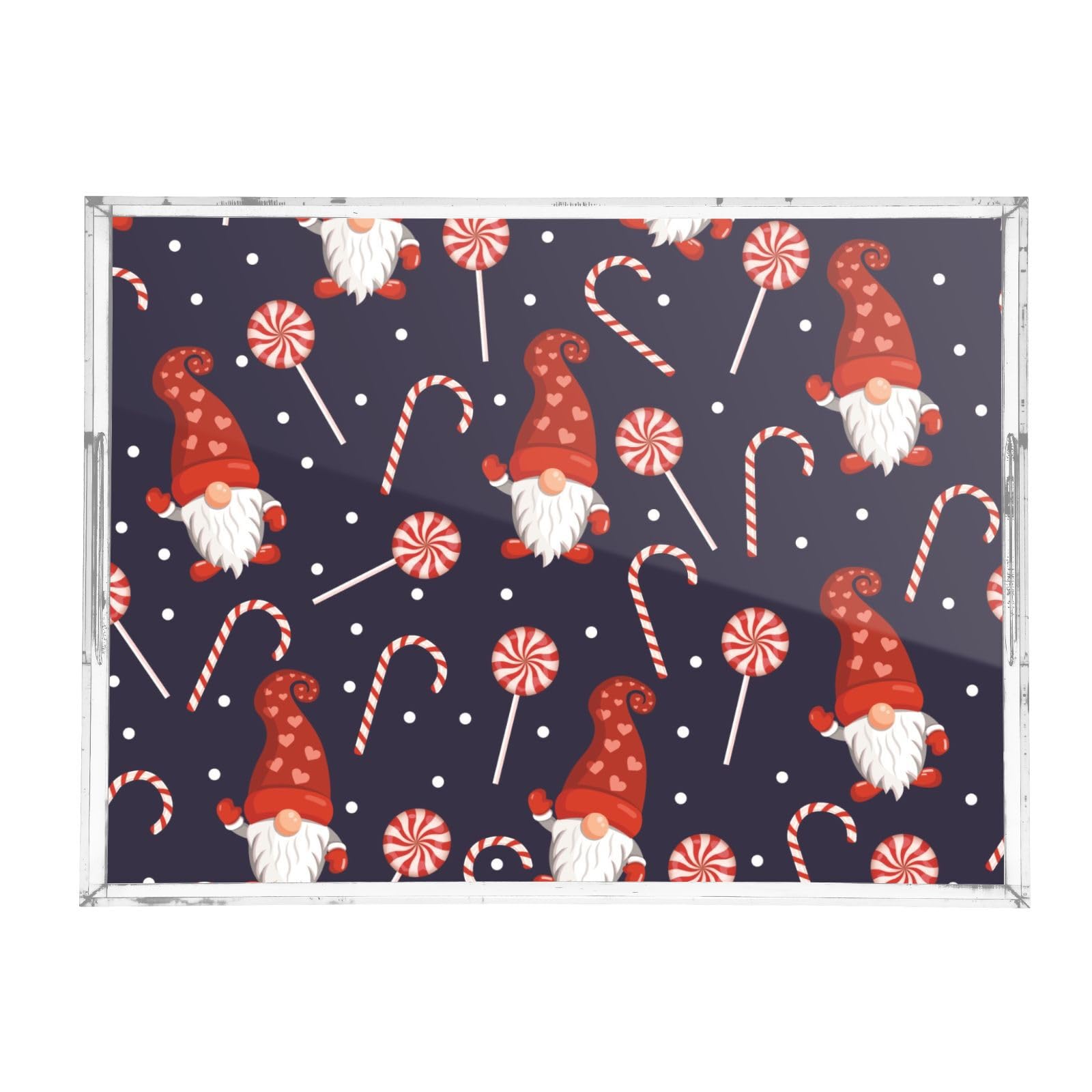 Bandeja transparente con textura navideña, gnomos rojos, bandeja acrílica transparente con asas, bandeja decorativa transparente de 12 x 16 pulgadas, bandeja transparente para servir a prueba de