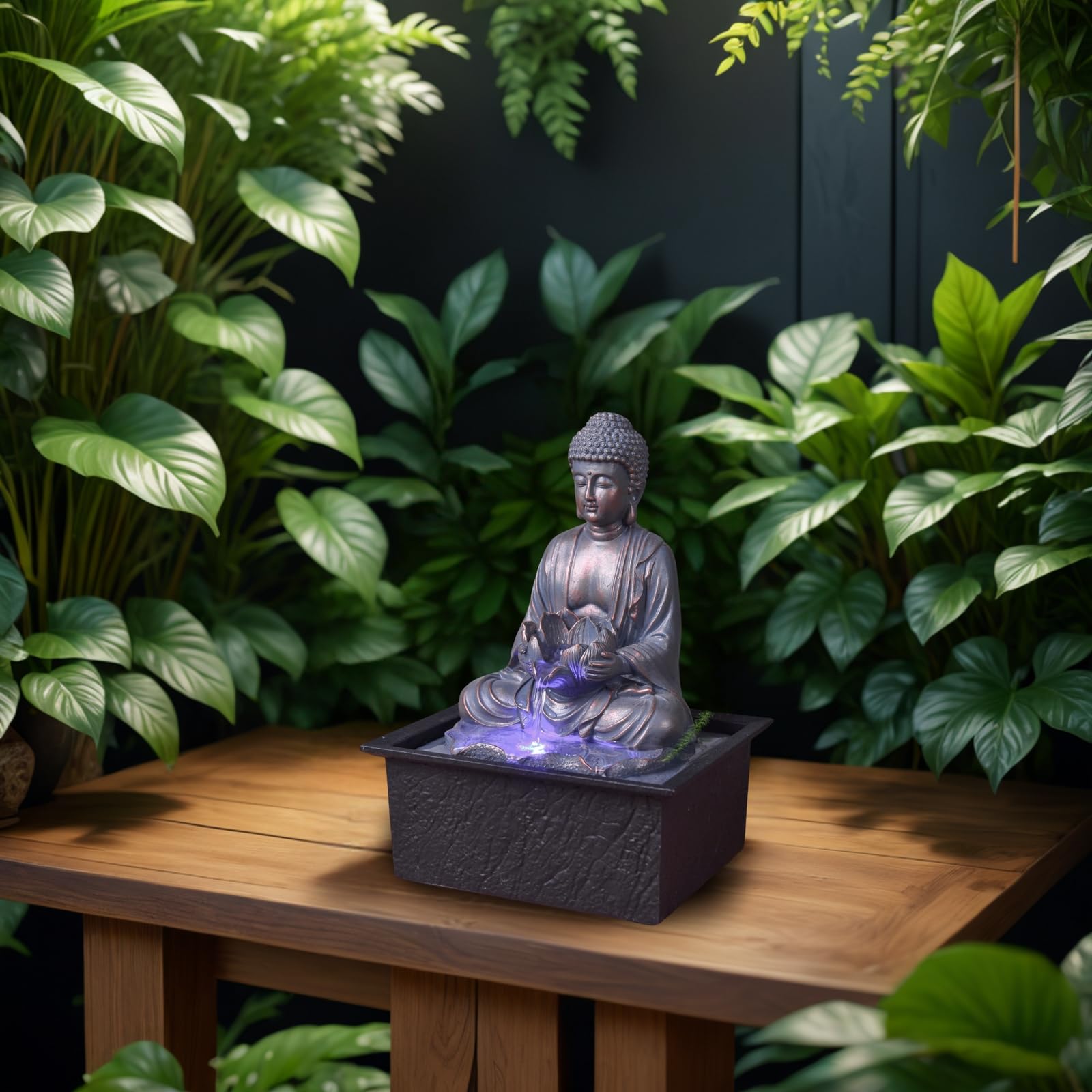 Fontaine d’Intérieur Bouddha Méditation Lotus Lumière LED Coloré – Déco Zen Salon Chambre - Fontaine de Table Mouvement Relaxant - Porte-Bonheur Cadeau Utile Femme et Homme – H 26cm – Sutra Zen’Light