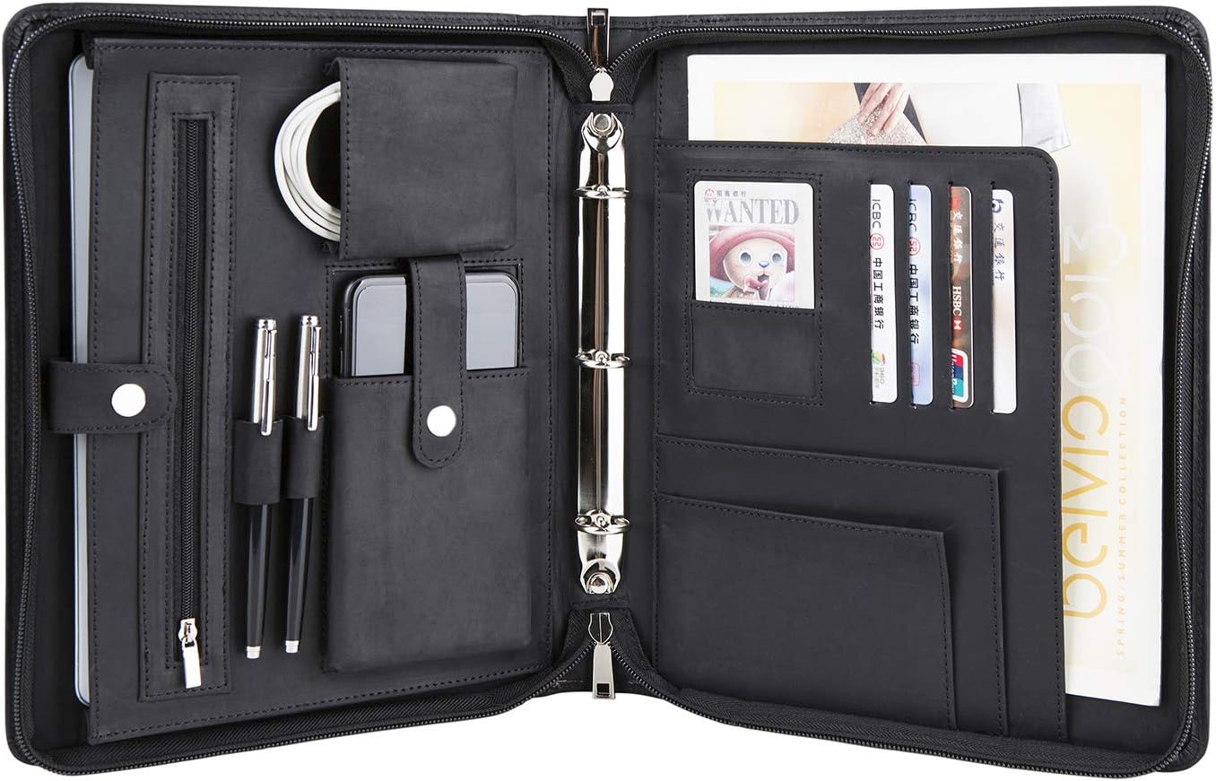 AZXCG Professional Leather Portfolio Padfolio, A5 Size 3 Ring Binder