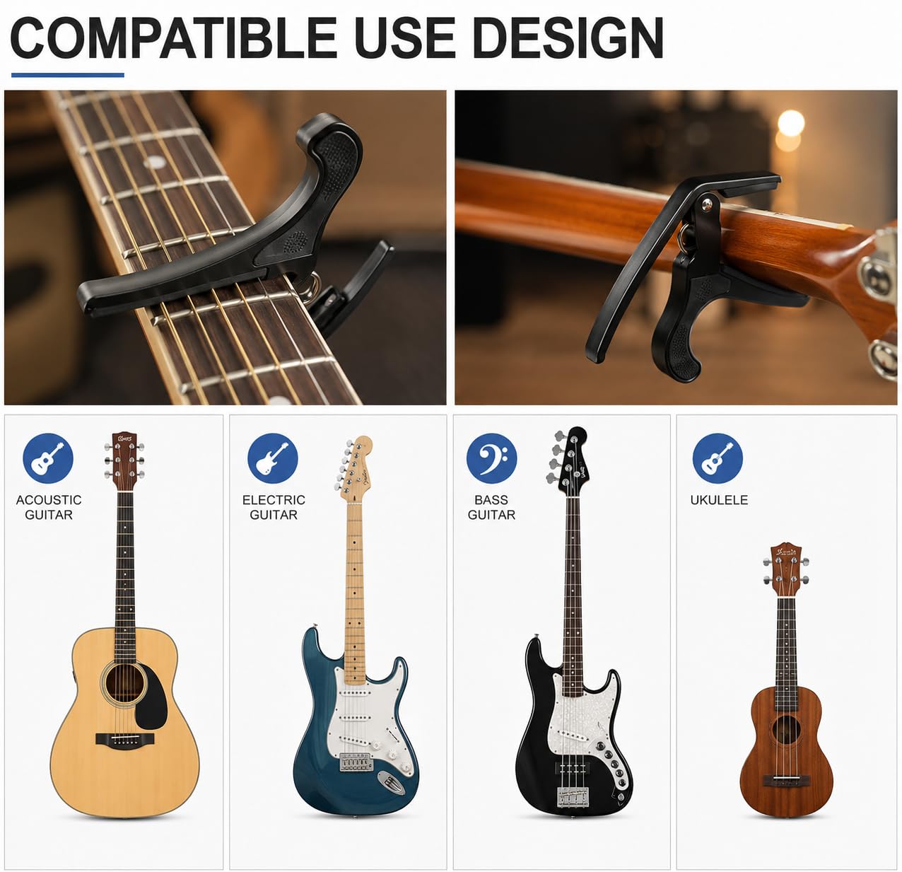 Techblaze One Handed Trigger Guitar Metal Capo Quick Change for Ukulele, Electric and Acoustic Guitars, Black with 5 Colorful Picks 1