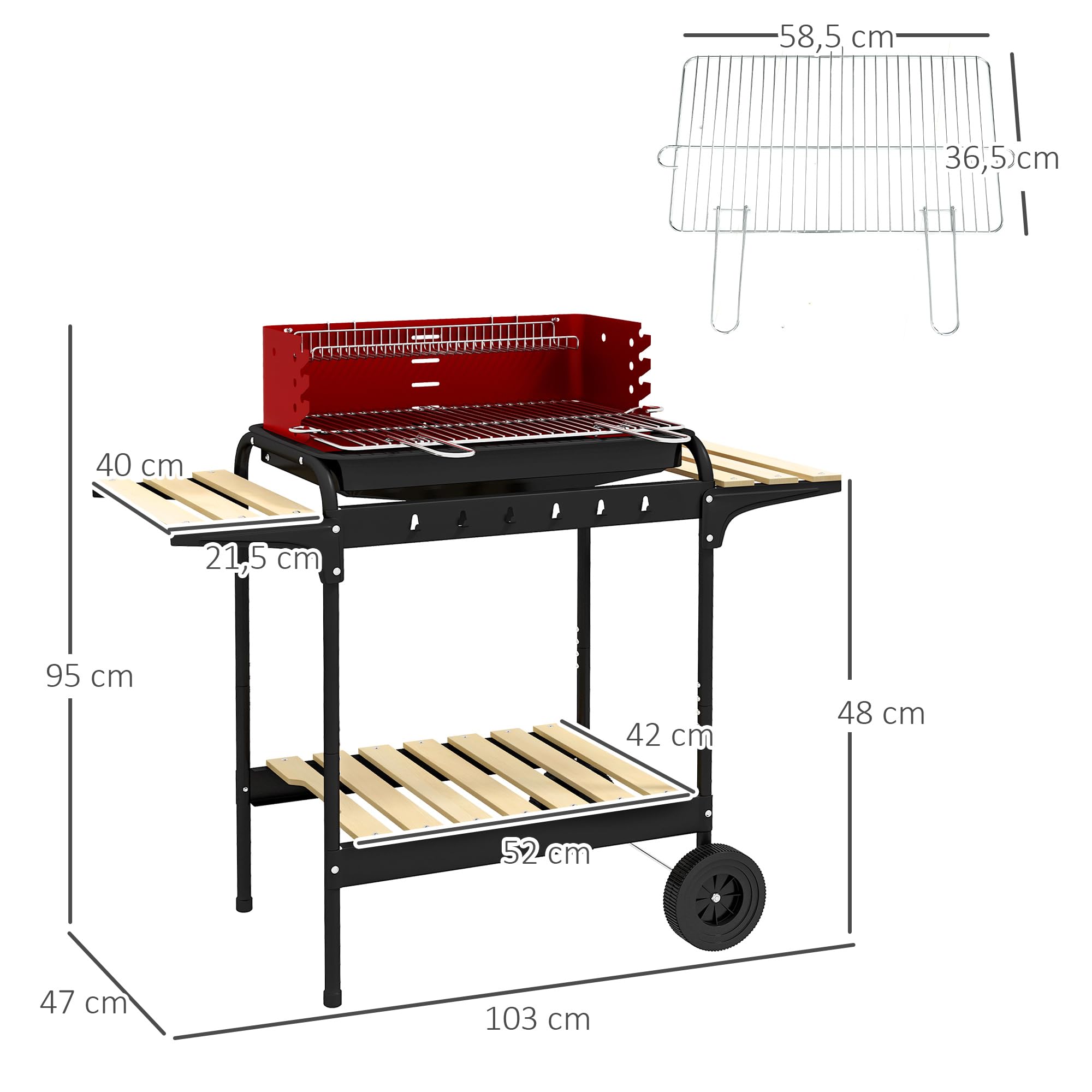 Outsunny Barbacoa de Carbón con Ruedas Barbacoa Portátil 103x47x95 cm con Parrilla Ajustable en Altura de 5 Niveles Estantes y 6 Ganchos para Pícnic Camping Rojo