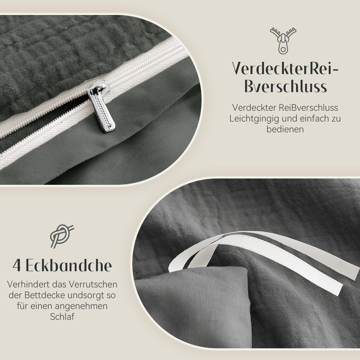 Sedefen Doppelte Musselin Bettwäsche 135x200 Baumwolle,Dunkelgrau Bettwäsche Sets Anthrazit ÖKO-TEX Bettwäsche mit Reißverschluss,Bettbezug mit 1 Kissenbezüge 80x80 cm
