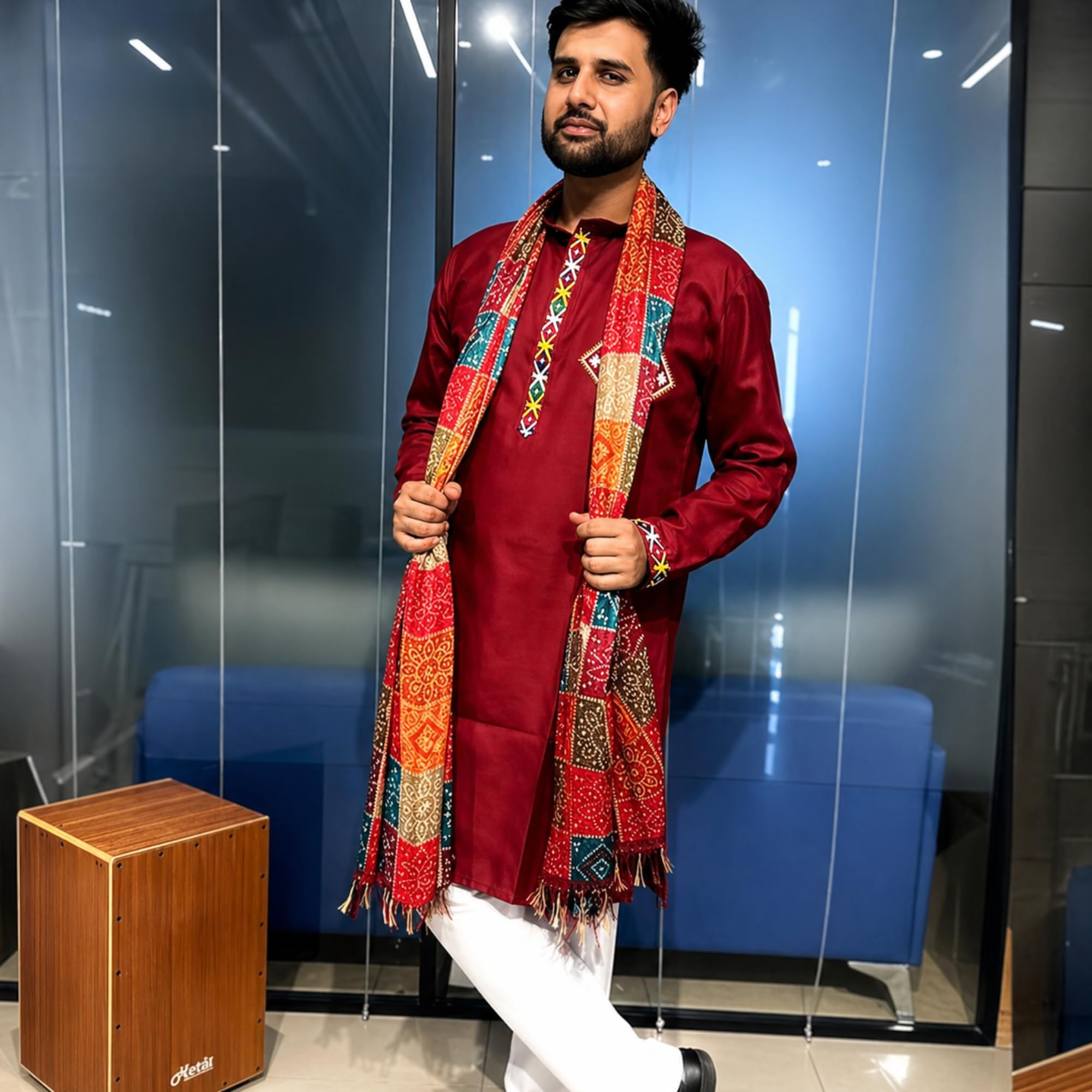 Traditional Silk bandhej dupatta for Men 2.25mtr Multicolor Chunni 1 Pcs-picture-56