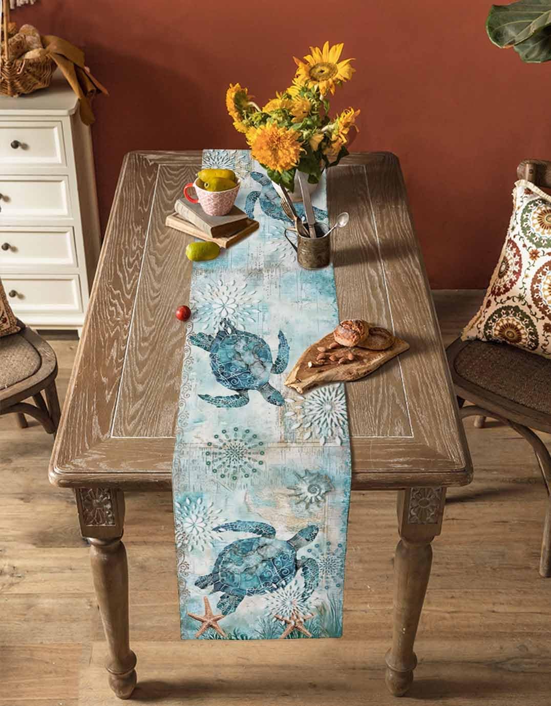 Coastal Sea Turtle Table Runner 120 Inches Long, Teal Nautical Farmhouse Dress Scarves, Summer Beach Starfish Vintage Dining Tablerunner for Coffee Table/Kitchen Island/Party, 13" x 120"