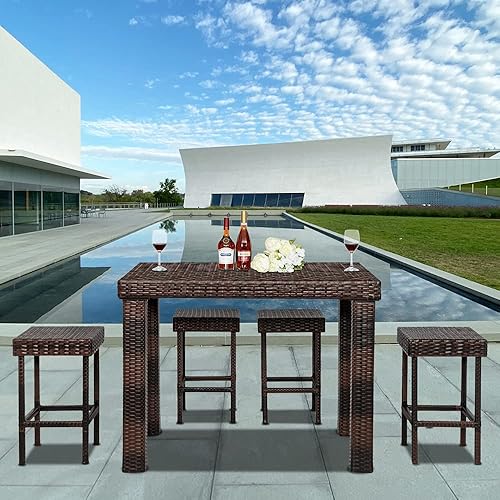 Miniatura 2 de Goujxcy Juego de 4 taburetes de ratán para exteriores, taburetes de mimbre sin espalda, juego de 4, muebles de ratán para exteriores, sillas de bar,