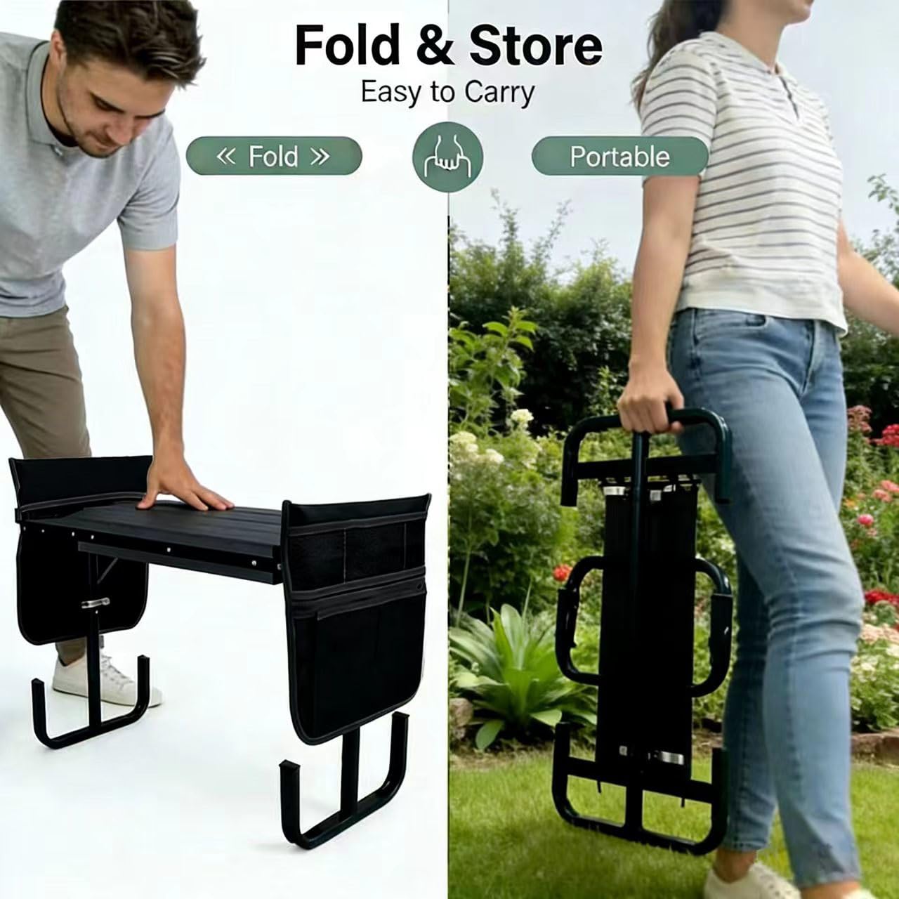 Asiento de Jardín Kneeler 2 en 1 con Bolsa para Herramientas, 60x52x27cm Banco de Jardinería Plegable, Portátil y Plegable Banco de Rodillas, Taburete Reclinatorio de Jardín (Negro) — view 5