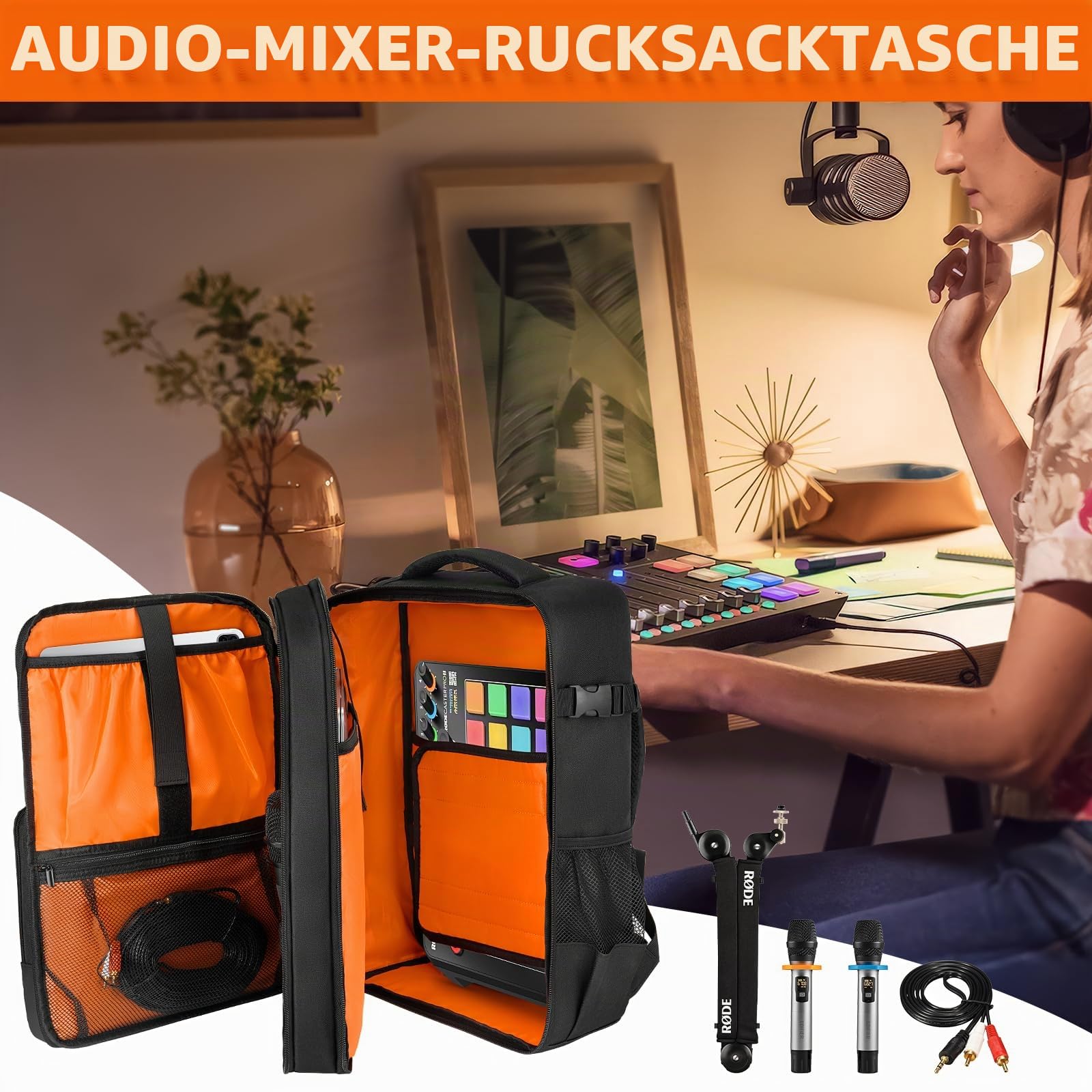 Reisetasche für Audio-Mixer, passend für Rodecaster Pro II, Rodecaster Pro, RC Duo, Yamaha MG10XU, TC-Helicon GoXLR, Podcast-DJ-Mixer-Rucksack mit mehreren Taschen für Mikrofone, Kabel