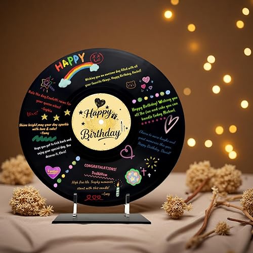 Miniatura 7 de REEGII Libro de invitados de cumpleaños estilo disco de vinilo para decoraciones de cumpleaños, póster grande de 11.6 x 11.6 pulgadas con 12