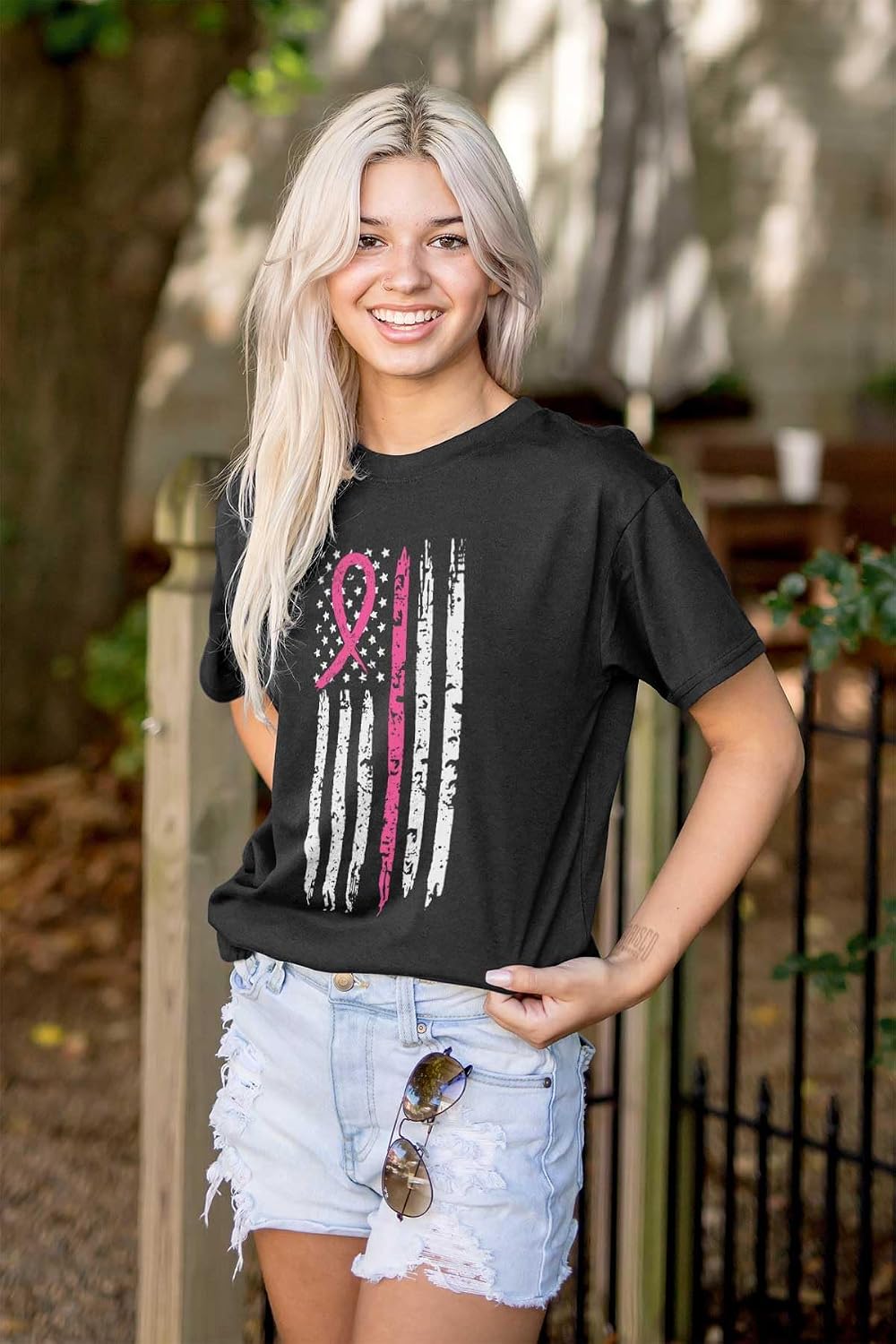 Breast Cancer Pink Line American Flag Graphic T Shirt Men or Women