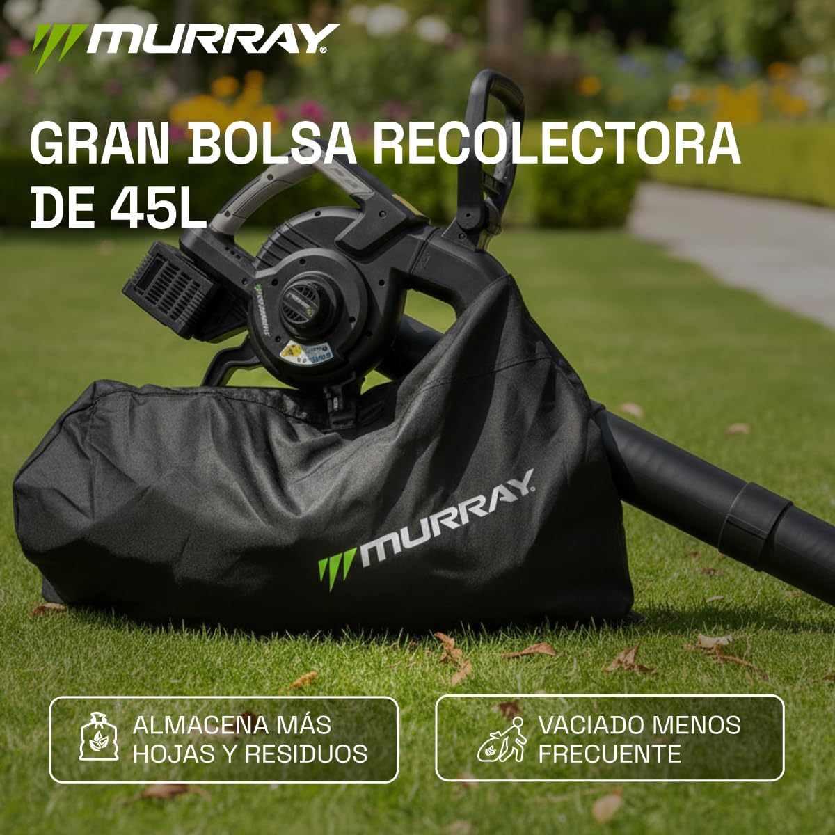 Murray Soplador y Aspirador de Hojas a Batería 20V 3 en 1 MU-BAT-VB270-KIT – Motor sin Escobillas, Control Inteligente, 4 Velocidades + Turbo, Bolsa de Polvo de 45L, Diseño de Montaje Rápido