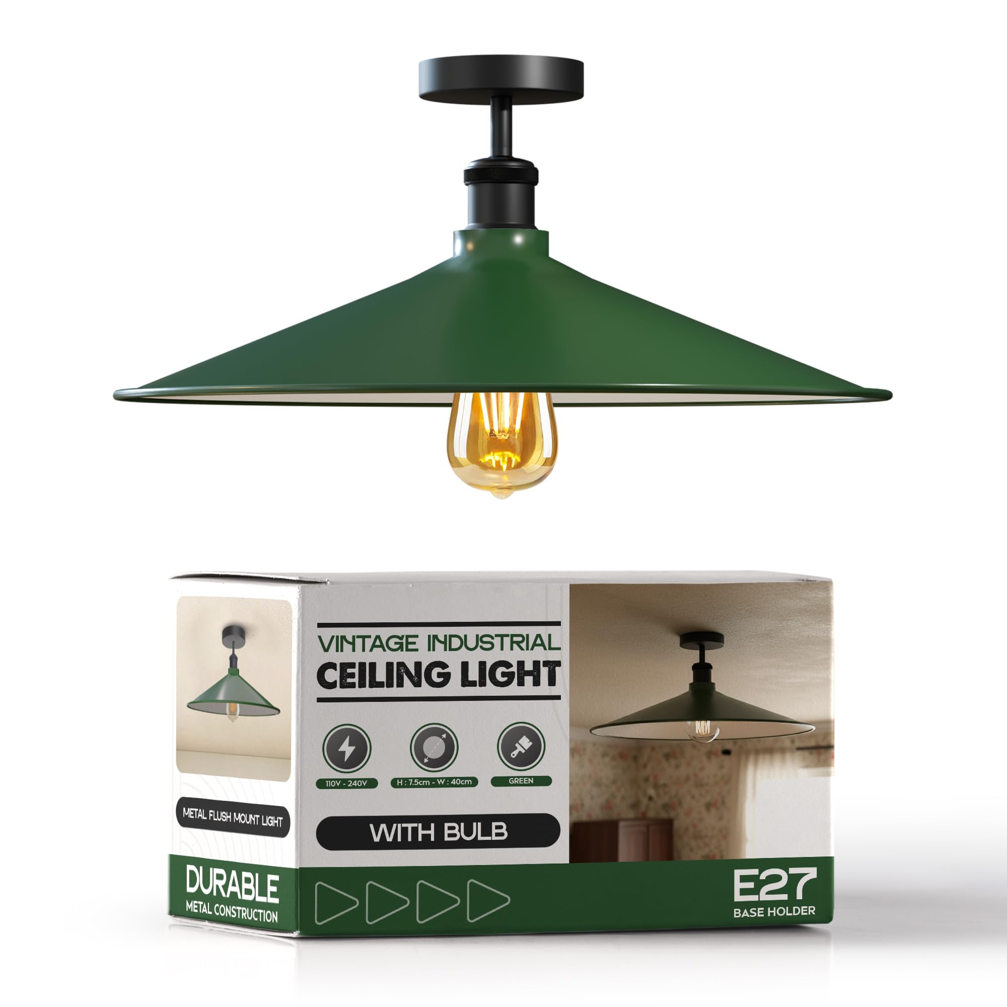 LEDSone Vintage Ceiling Lighting Fixtures with E27 Lamp Holder 40cm Green Shade Semi Flush Mount Chandelier LED Ceiling Lights for Kitchen Hallway Dining Rooms Living Rooms with Bulb EPC A+