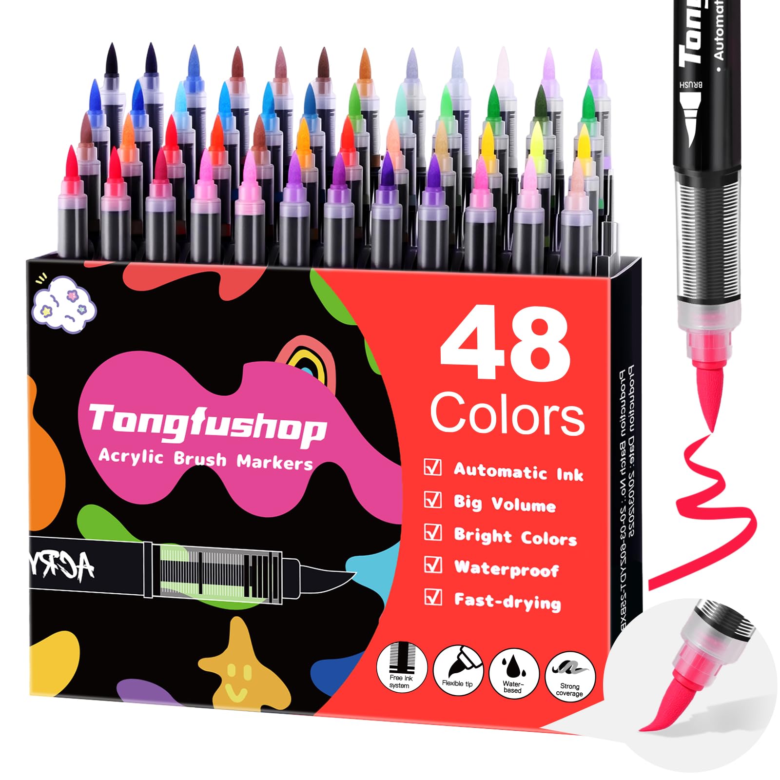 Tongfushop 48 Colores Rotuladores Acrilicos, Marcadores Acrilicos Punta Pincel, Rotuladores de Pintura Acrílica para Adultos, Acrylic Markers para Pintar, Roca, Cristal, Cerámica, Plastico, Tela Metal