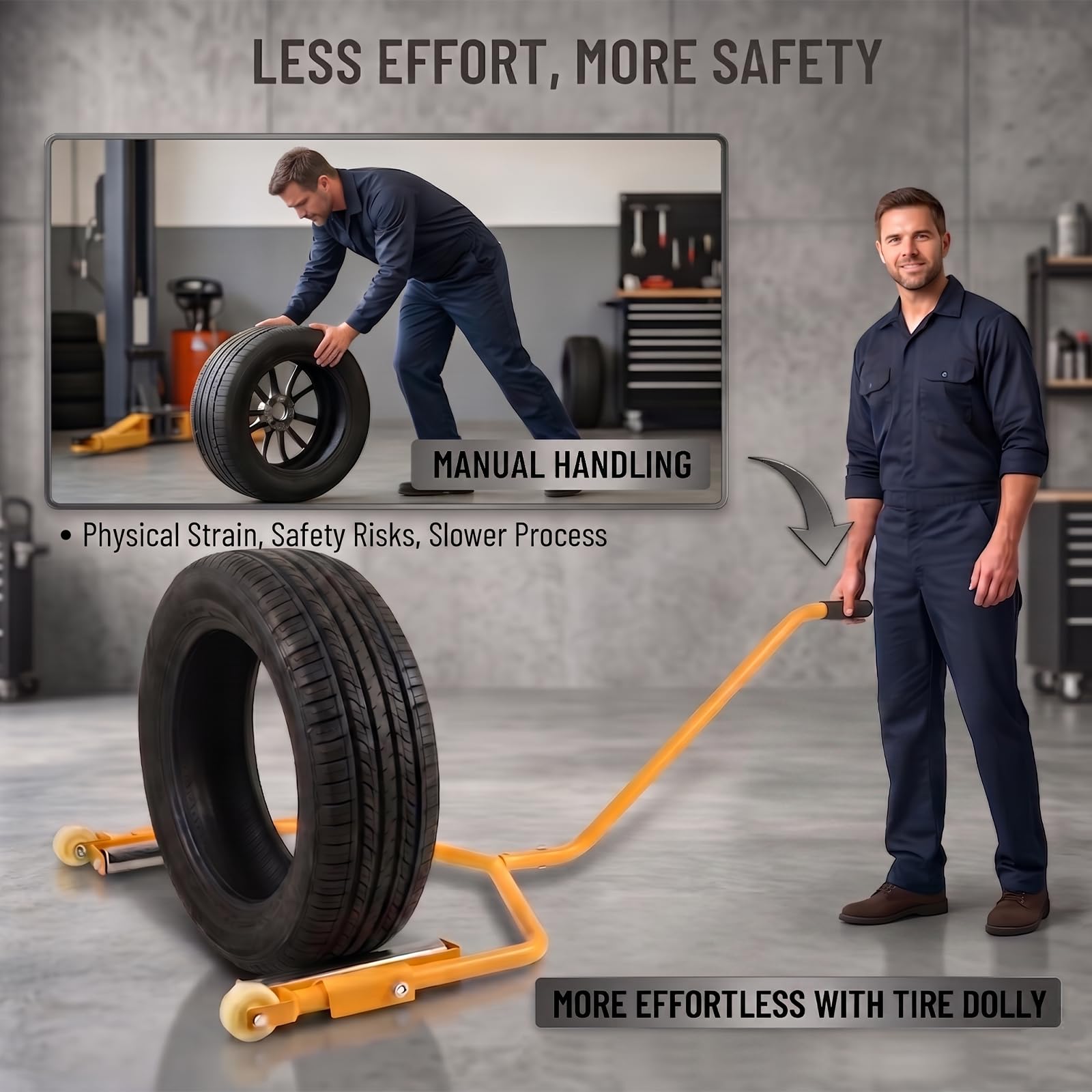 Chariot de roue de pneu - Capacité de 136 kg - Outil de levage de pneus pour un levage facile - Chariot de pneu ergonomique pour atelier, garage et magasins de pneus