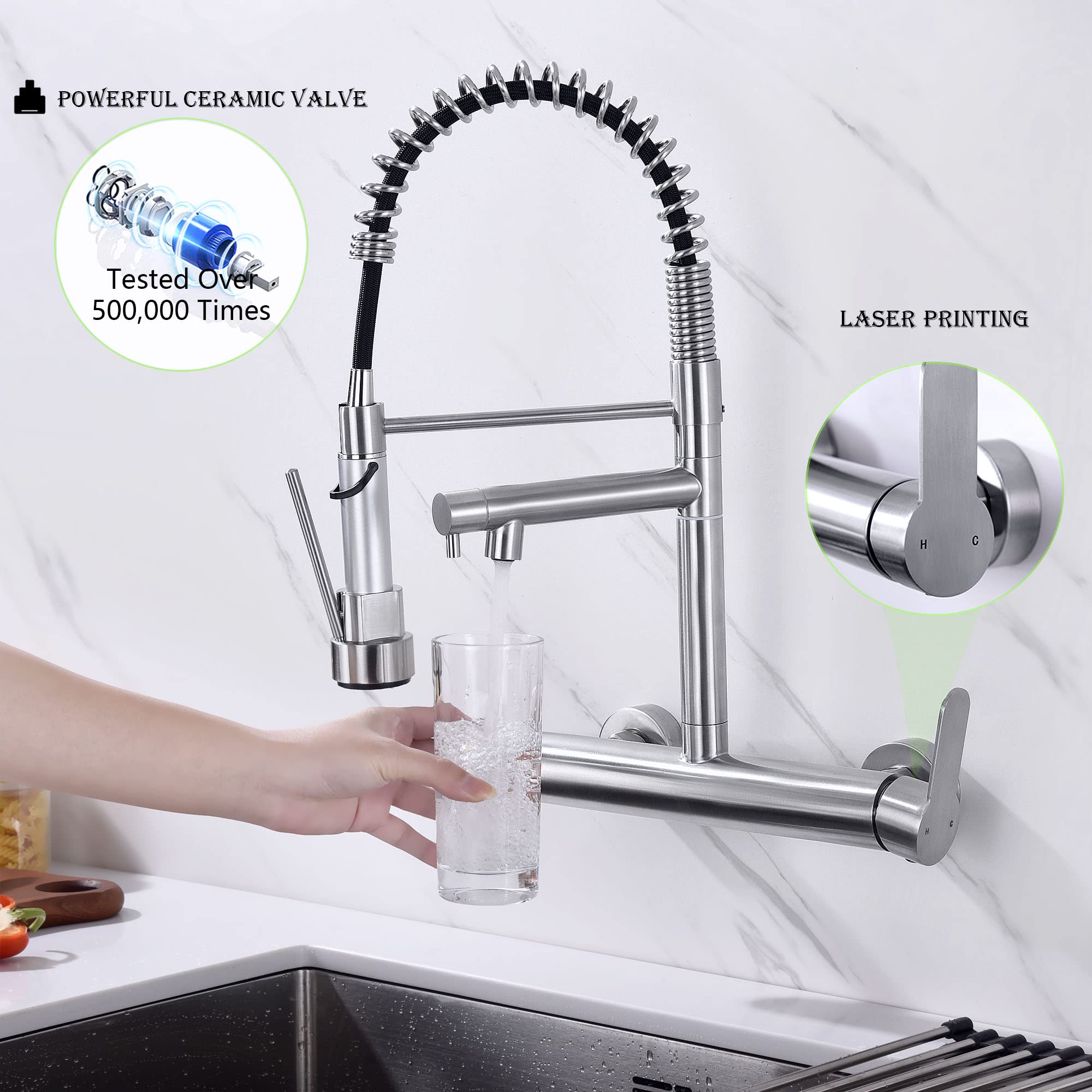 FLWUEUE Wall Mount Faucet 8 Inches Center, with Dual Sprayers, Pull ...
