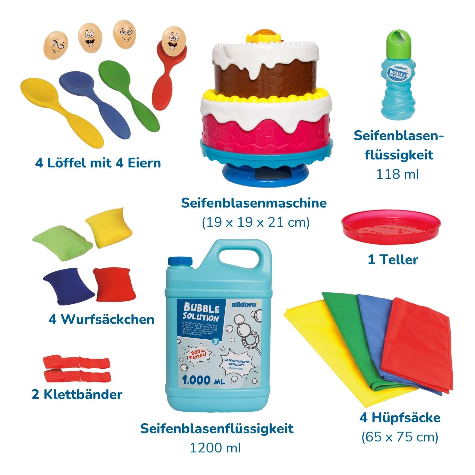 alldoro 68801 Partyspiele Set mit LED-Seifenblasenmaschine Torte & 1,2_L Seifenblasenflüssigkeit, 4 Outdoor-Spiele, für Kinder ab 3 Jahren