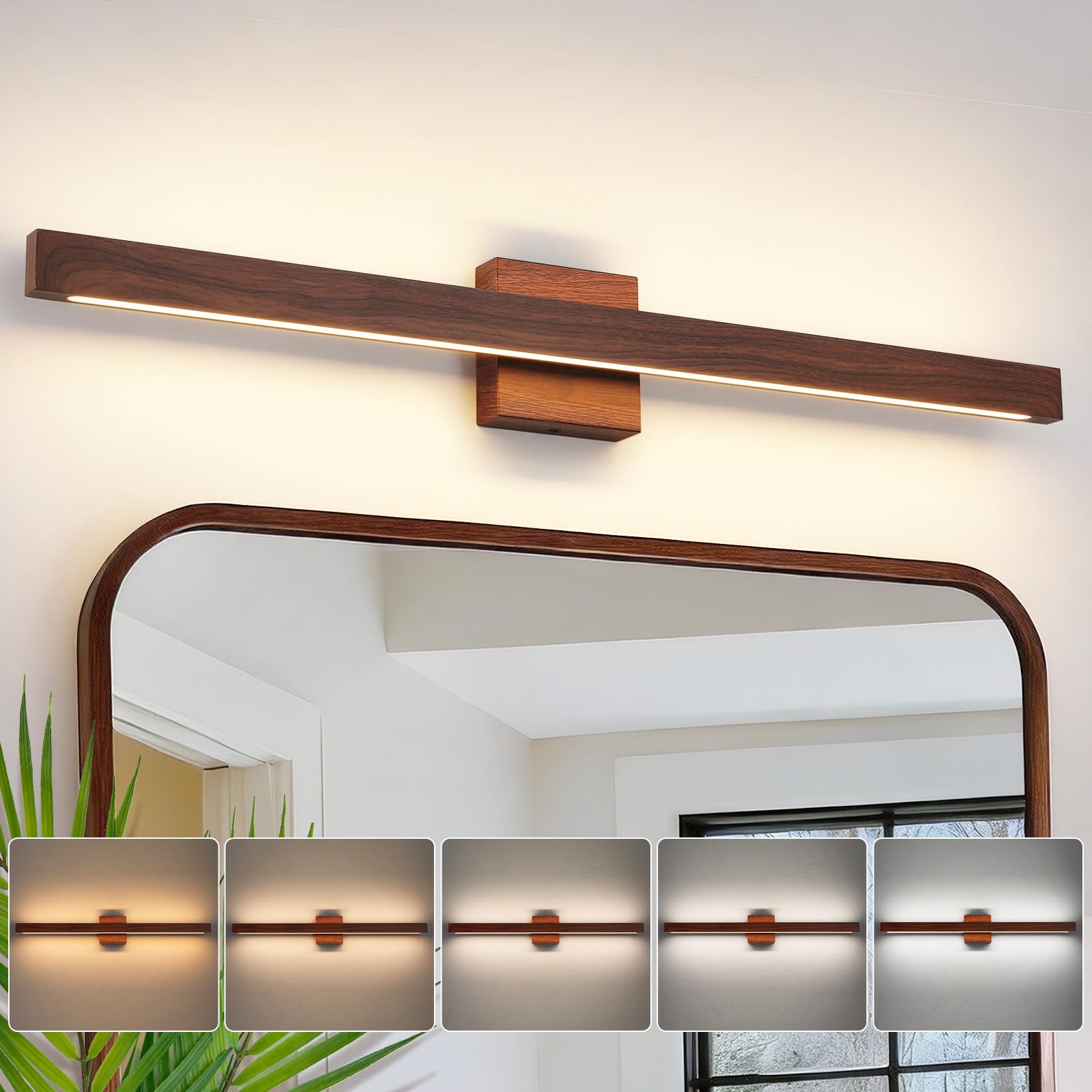Moderna lampada da bagno sopra lo specchio, 81 cm, finitura in legno marrone, barra luminosa da 26 W, dimmerabile, 5 CCT, luci LED per illuminazione da parete del bagno sopra lo specchio