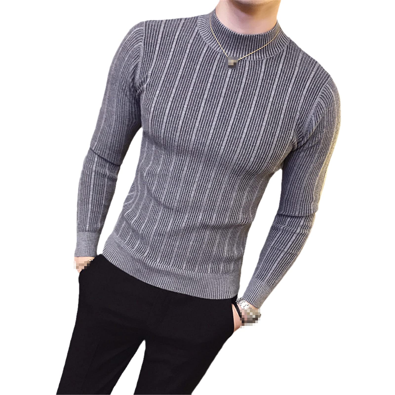 Otoño e Invierno Para Hombre De La Moda A Rayas De Lana Mezcla Casual Cuello Redondo De Punto Suéteres Para Hombre Delgado