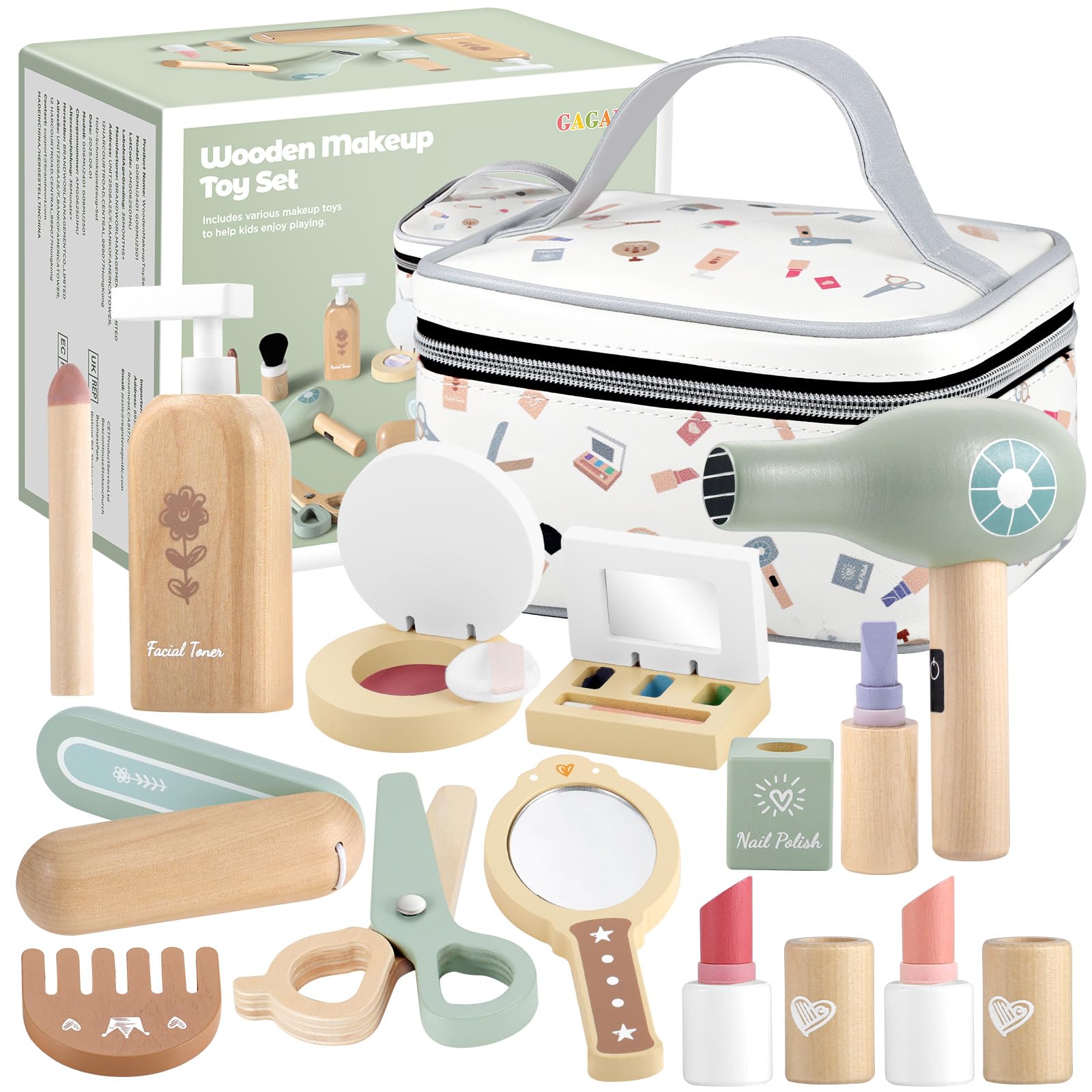 GAGAKU 16-TLG. Holz-Schminkkoffer für Mädchen ab 3 Jahren Kinderschminke-Set aus Holz mit realistischem Zubehör wie Lippenstift & Spiegel Perfektes Rollenspiel-Kosmetikset für Kinder