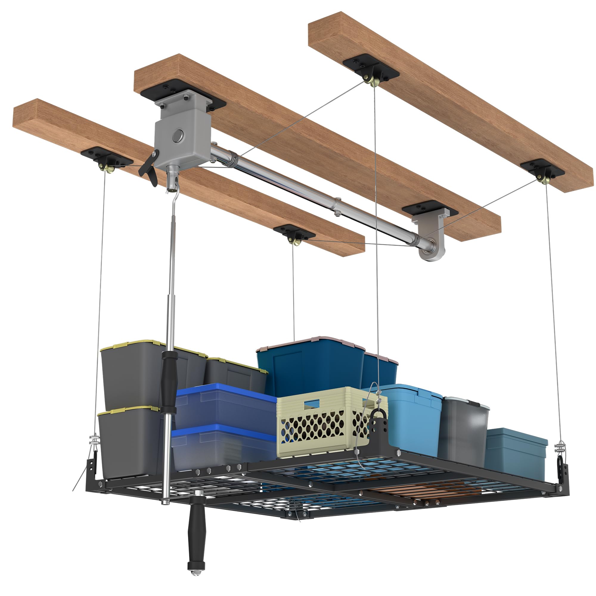 Jowkou 4x4FT Heavy Duty Garage Ceiling Storage Rack, Overhead Storage Lift 400lbs Capacity, Adjustable Hanging Ceiling Mounted Organizer with Hand Crank for Garage Workshop