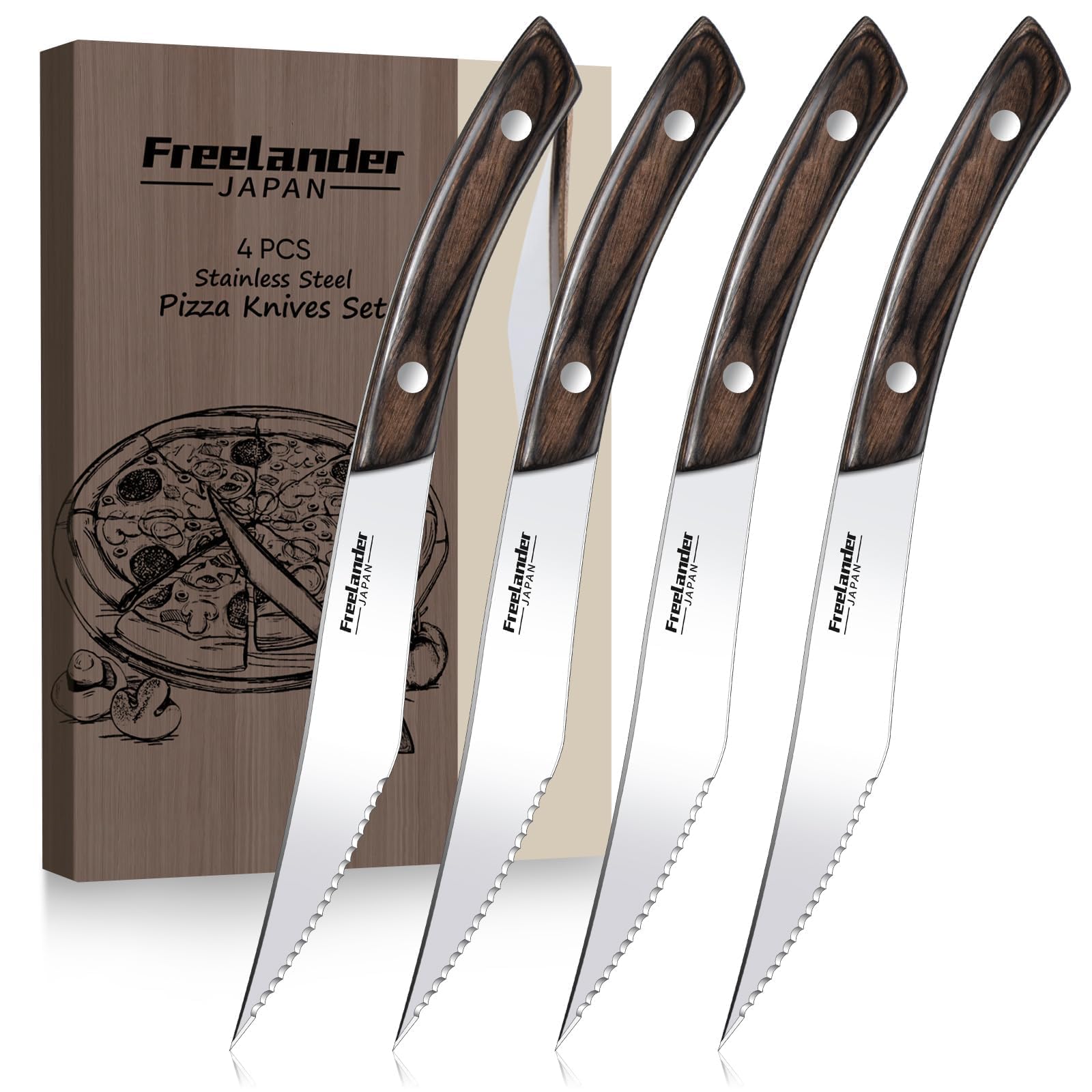 Freelander 4-Piece Pizza Knife Cutter Set, Sharp Serrated Stainless Steel Blades, Full Tang Forged Design, Ergonomic Non-Slip Handle, Durable, Rust-Resistant & Dishwasher Safe