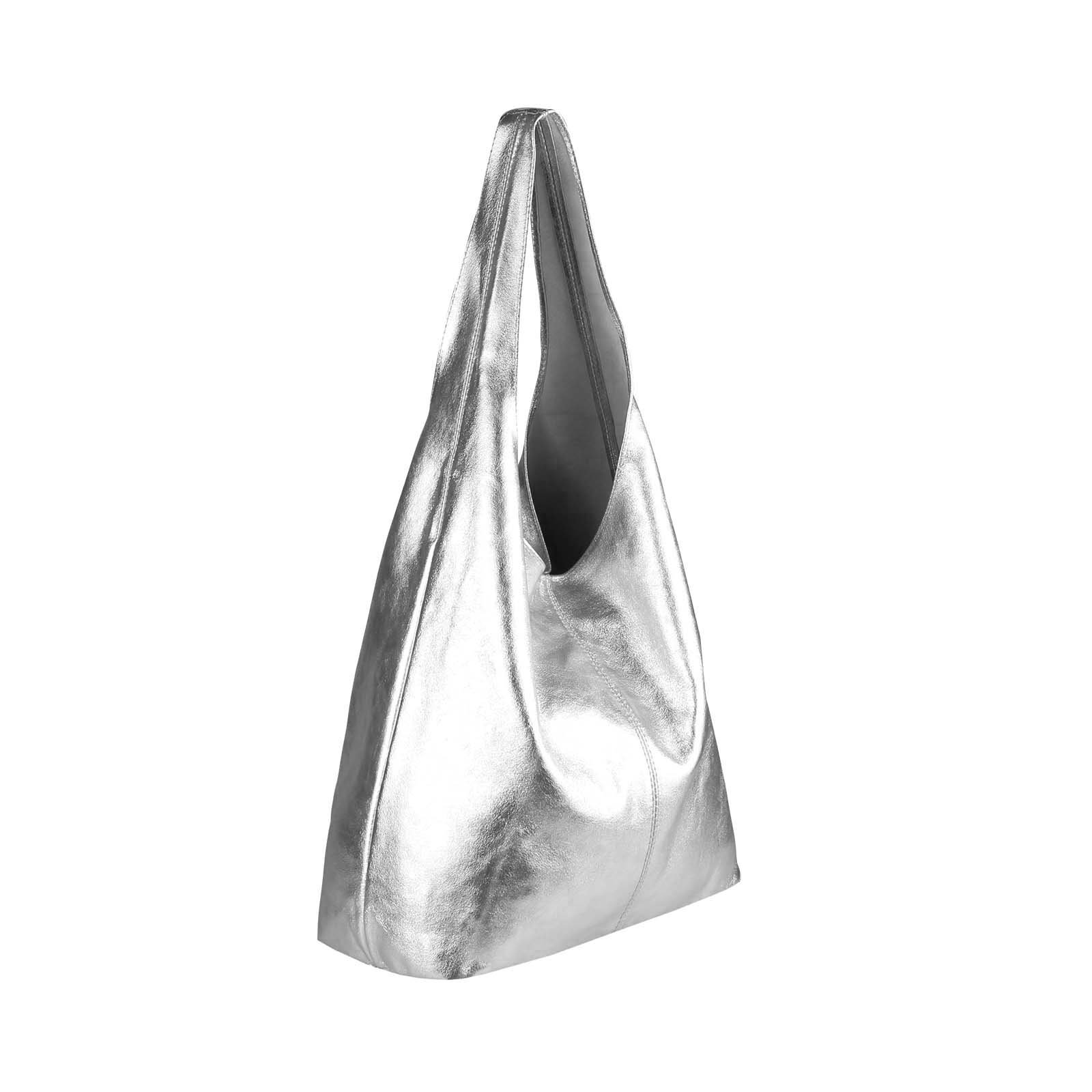 OBC Made in Italy - Bolso de mano de piel para mujer, color plateado, plata, ca.: 43x32x17 cm (BxHxT)