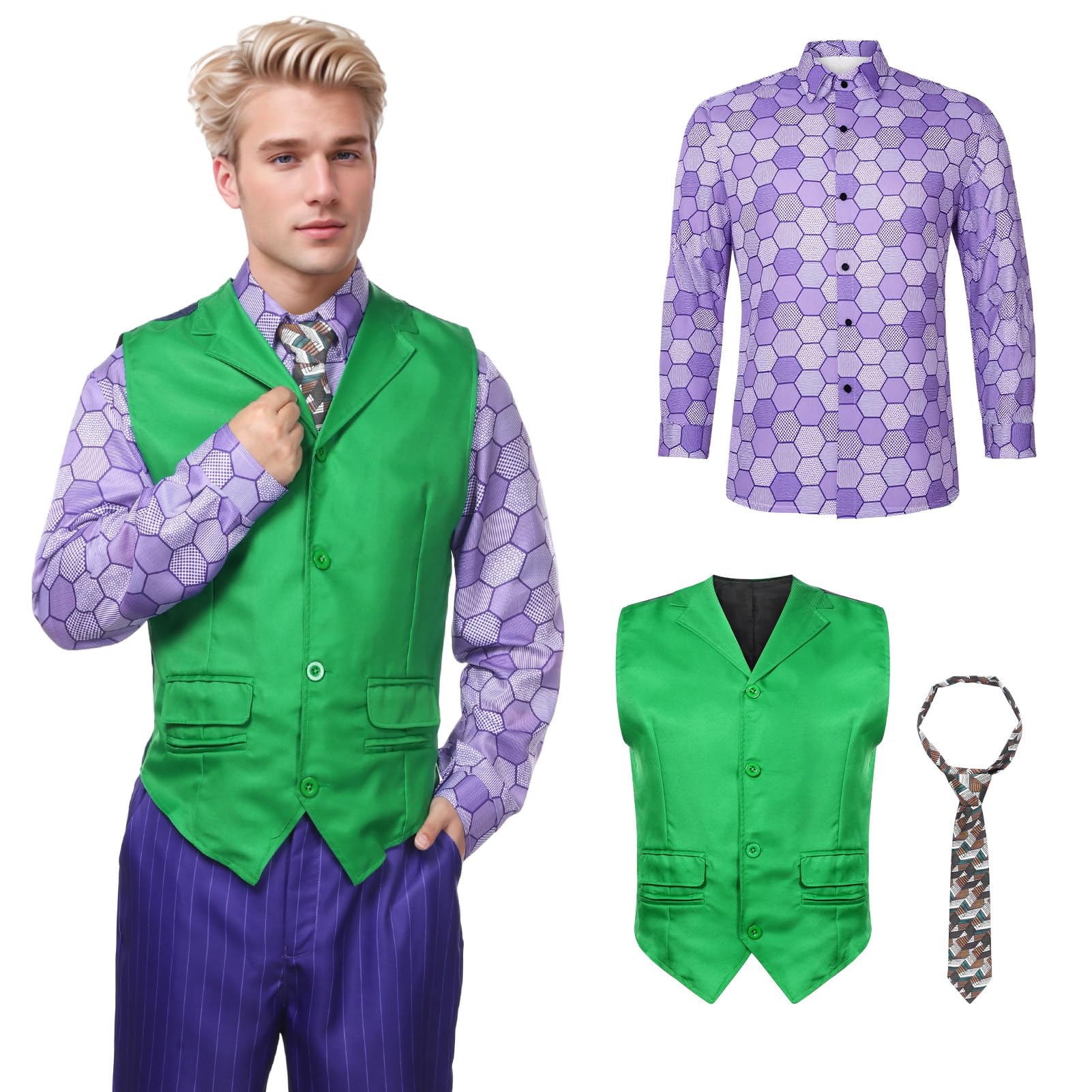 Alaiyaky Adult Men Joker Costume Shirt Vest Tie Outfit Suit Set Halloween Cosplay Dress Up Props (Style A, S)