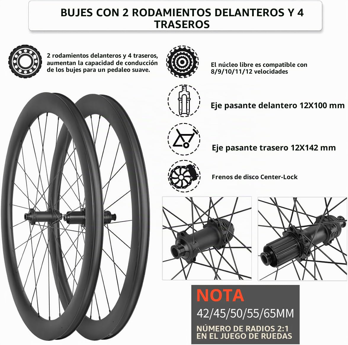 Fibra De Carbono Bicicleta De Carretera Juego De Ruedas Altura 700C 28/32/35/38/42/45/50/55/60/65/73Mm Todo Eje Freno De Disco Central 24H Buje para 8/9/10/11/12 Velocidad Cassette