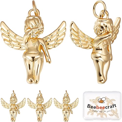 Beebeecraft 1 caja 6 dijes de ángel chapados en oro de 18 quilates con anillo de salto para aretes, pulsera, collar, joyería, manualidades