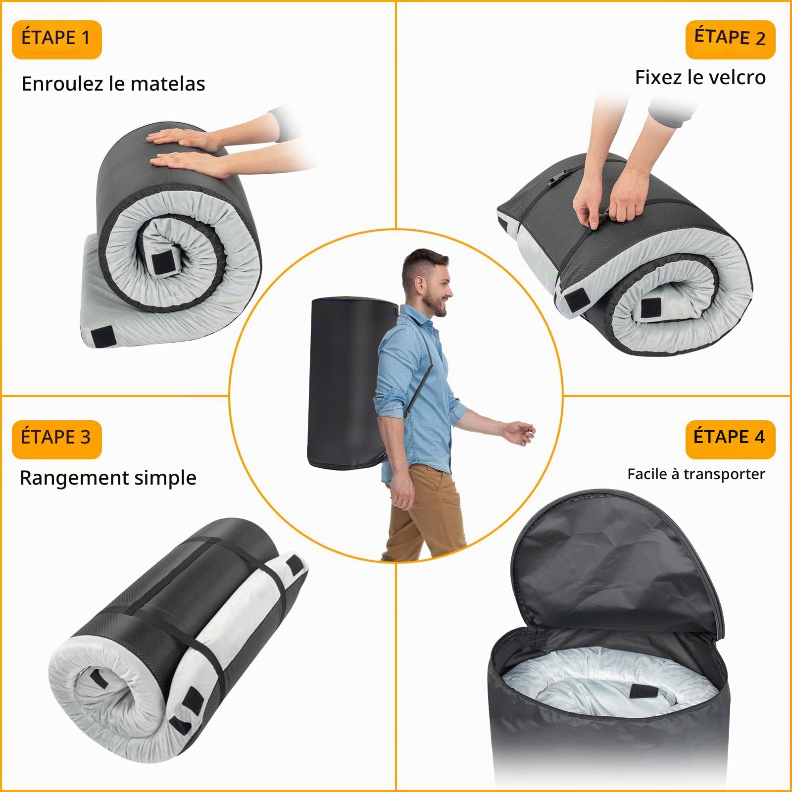 Outvita CertiPUR-US Matelas de camping portable de 6,3 cm, matelas de camping en mousse à mémoire de forme, lit de sol enroulable pour tente, berceau, camion, voiture, voyage en plein air avec sac