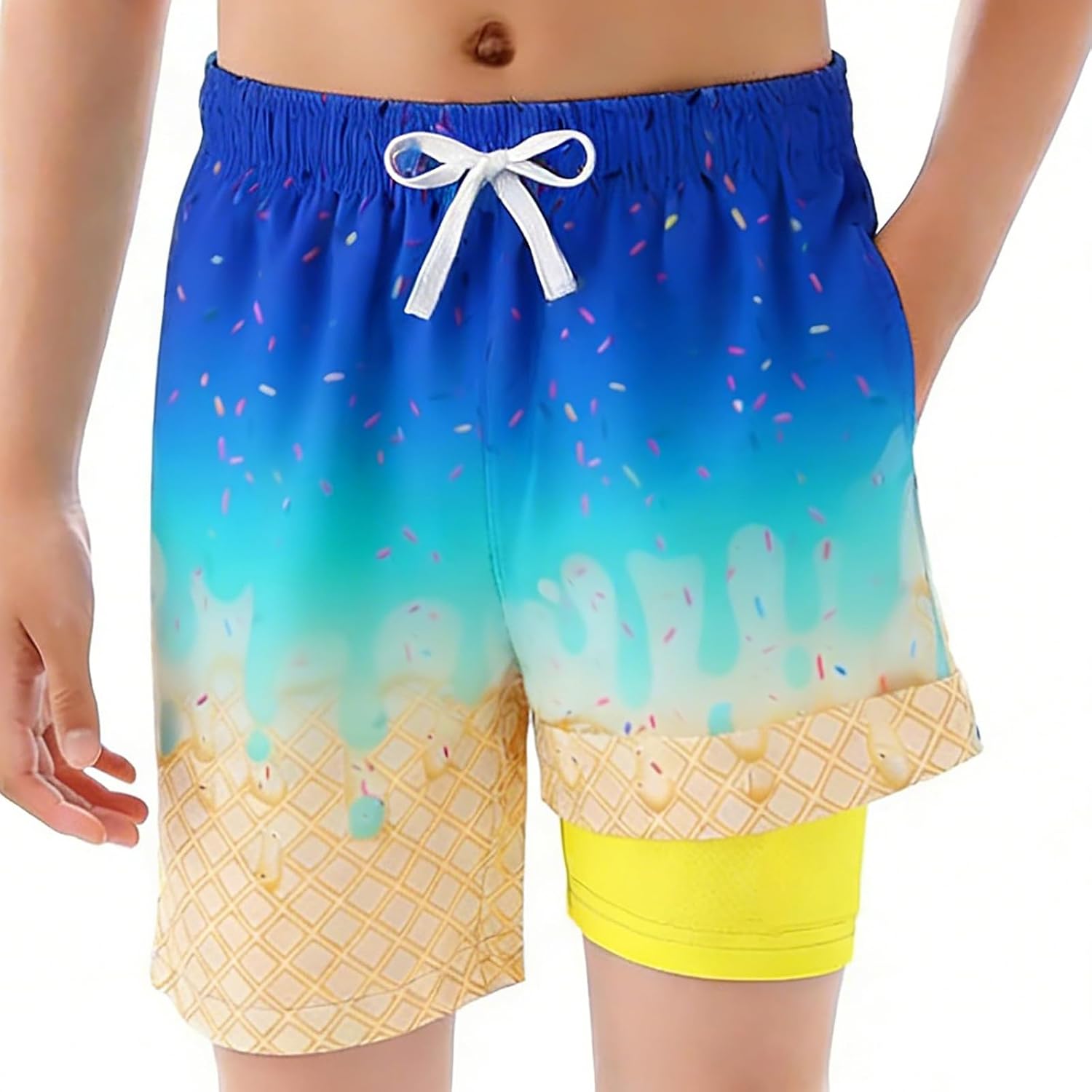 Boys Swim Trunks Quick Dry Bathing Suit Ice Cream Drips Swim Shorts Drawstring Waist Swimsuit with Compression Liner 2-14Y