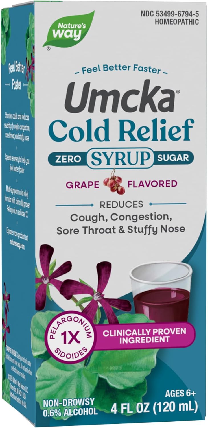 Nature's Way Umcka Cold Relief Zero Sugar Syrup, Umcka, Homeopathic, Shortens Colds, Sore Throat, Cough, Congestion, and Stuffy Nose, Phenylephrine Free, Grape Flavored, 4 Fl Oz (Packaging May Vary)