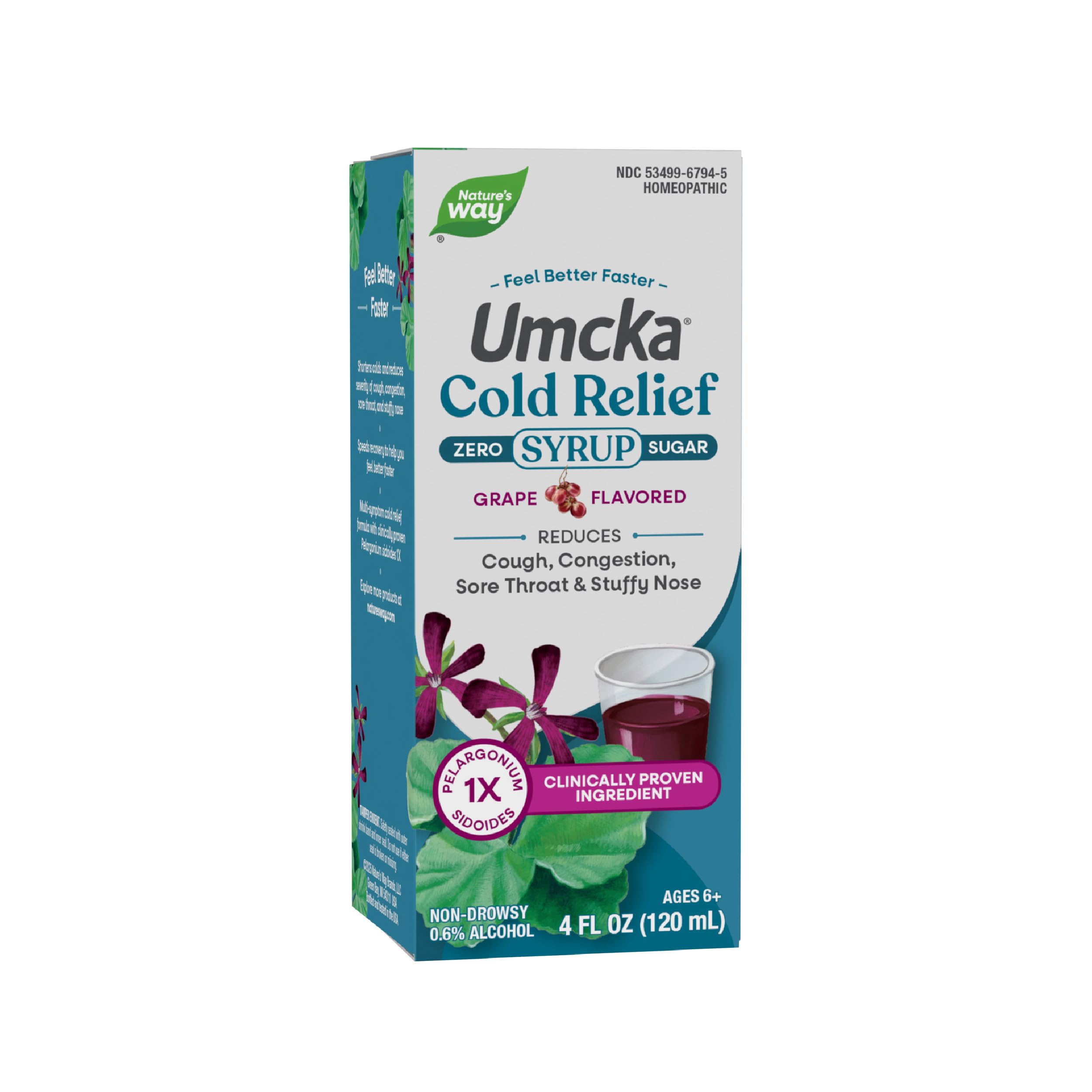 Nature's Way Umcka Cold Relief Zero Sugar Syrup, Umcka, Homeopathic, Shortens Colds, Sore Throat, Cough, Congestion, and Stuffy Nose, Phenylephrine Free, Grape Flavored, 4 Fl Oz (Packaging May Vary)