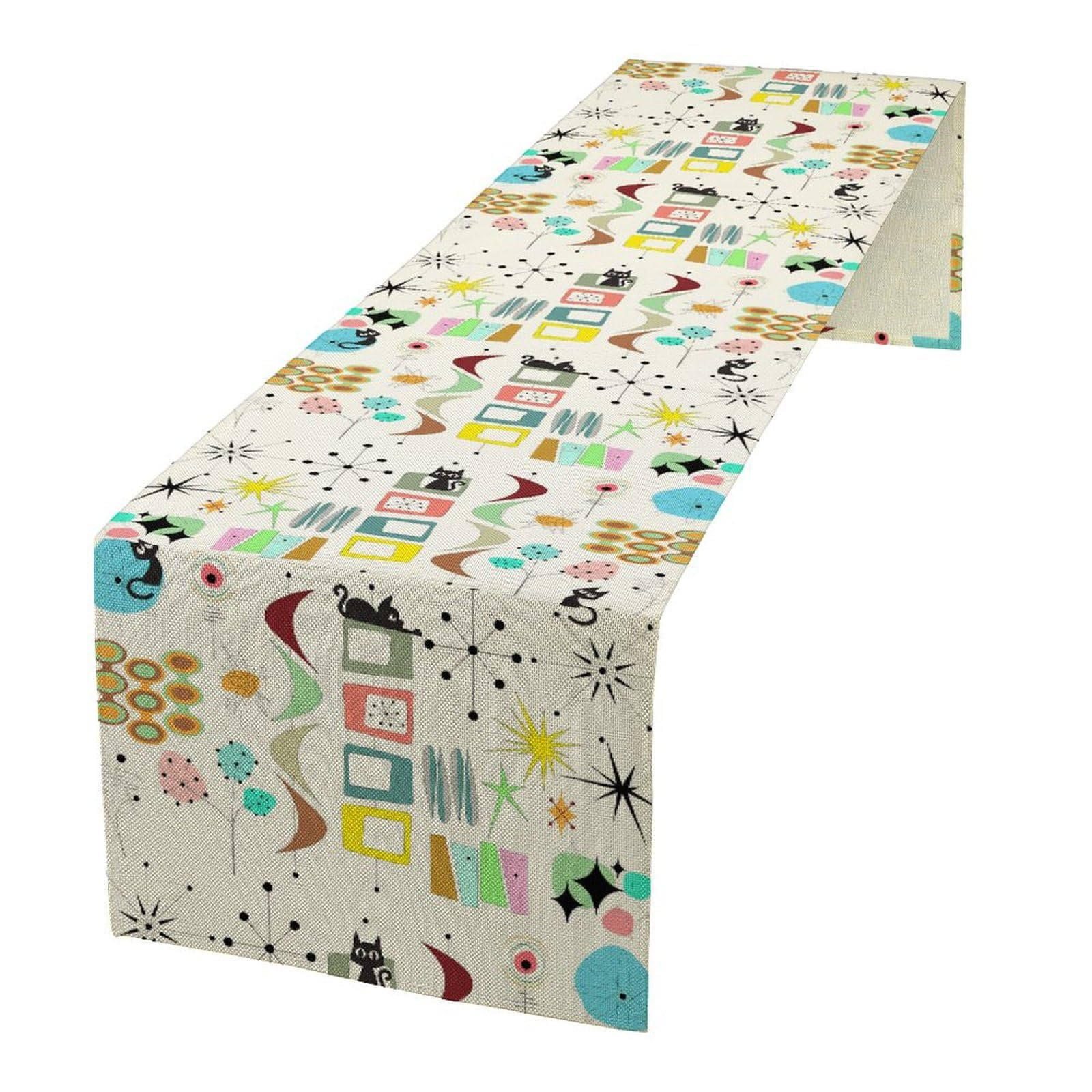 Focusbrite Mid Century Cat Modern Table Runner，Abstract Style Colorful Geometric Atomic Star for Kitchen Dining Room Holiday 13x60 Inch
