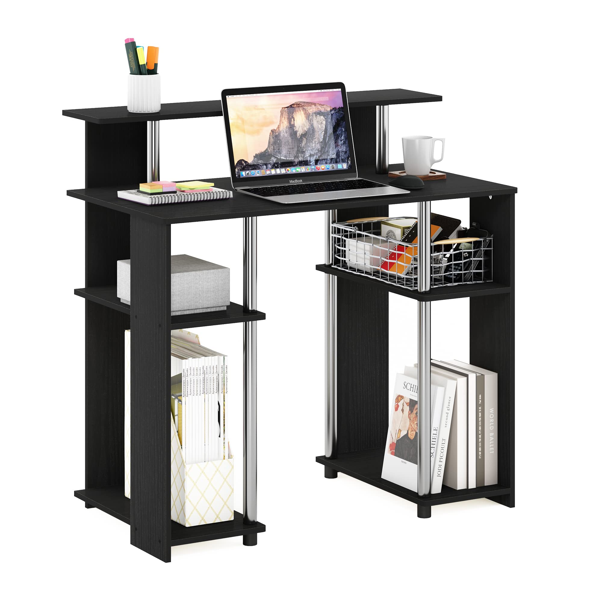 Furinno Jaya Simple Design Computer Writing Desk, Americano/Stainless Steel, 20.3 (D) x 35.6(W) x 35.7 (H) inches.