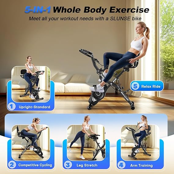 Exercise Bike, SLUNSE 5-in-1 Stationary Bike For Home Workout, Foldable Exercise Bike With 16 Levels Adjustable Magnetic Resistance,10DB Super-Silent Indoor Cycling Bike with 350lbs Weight Capacity