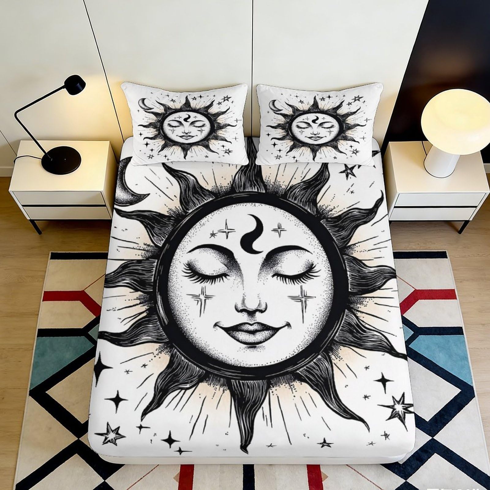 3D Printed Sun Moon Pattern Fitted Sheet Microfiber Deep Pocket Non-Slip Bedding Sun Moon Mattress Fitted Cover Washable Elastic Hem 140x200x25cm